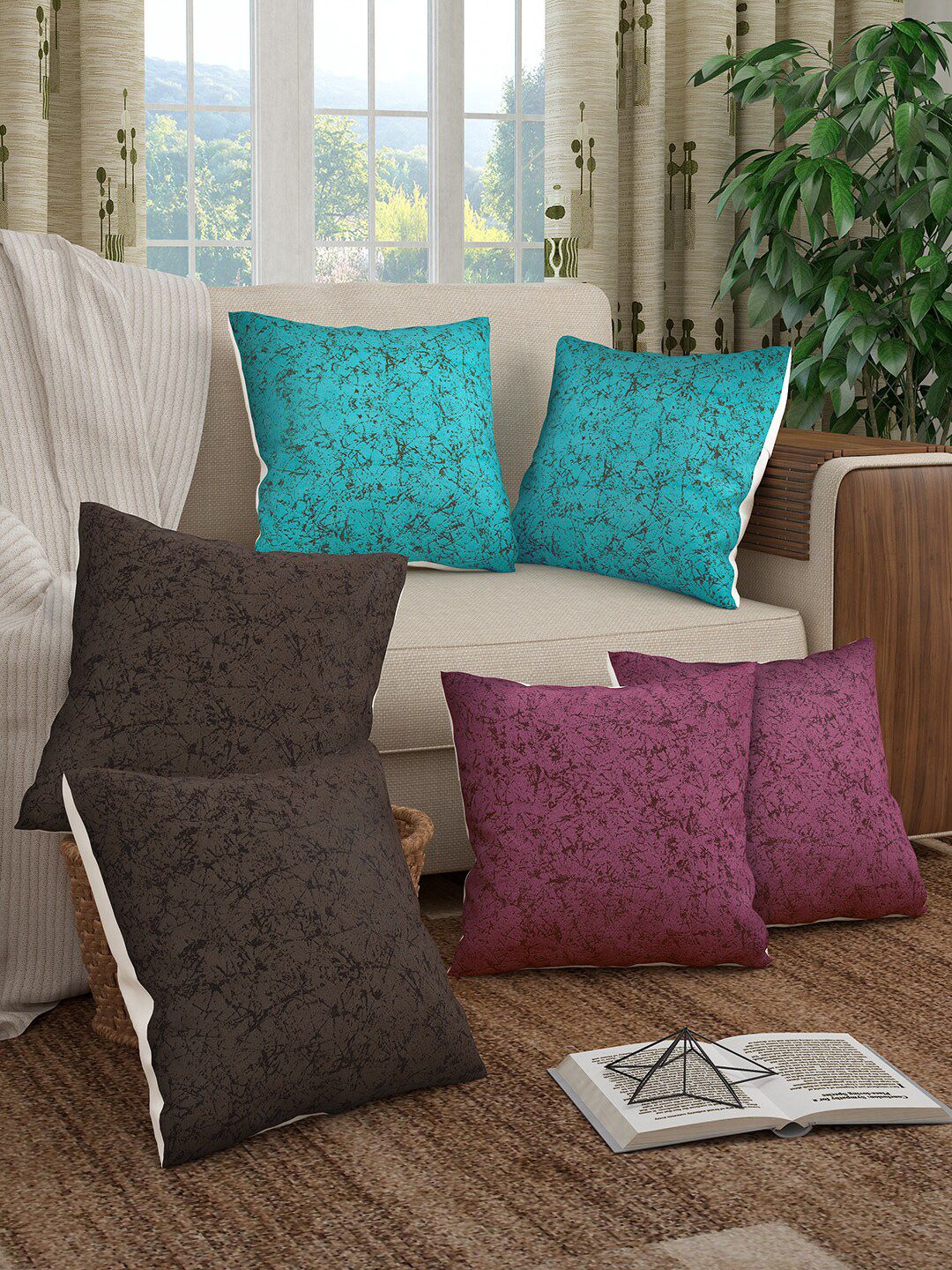 Story@home Pink & Turquoise Blue Set of 6 Abstract Square Cushion Covers Price in India