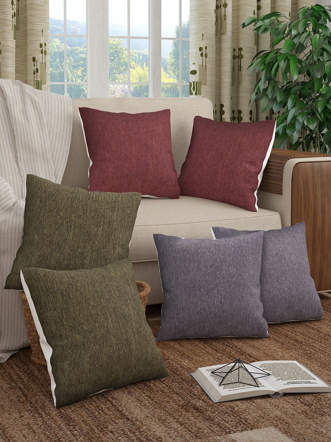 Story@home Maroon & Grey Set of 6 Square Cushion Covers Price in India