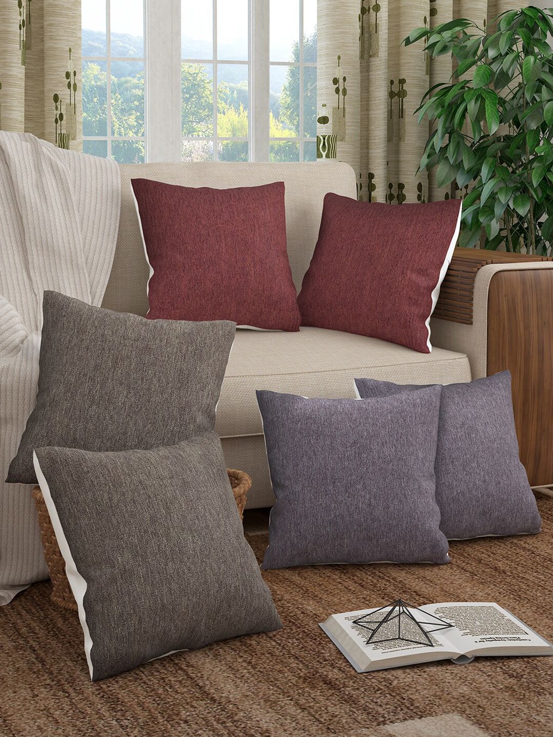 Story@home Red & Grey Set of 6 Square Cushion Covers Price in India