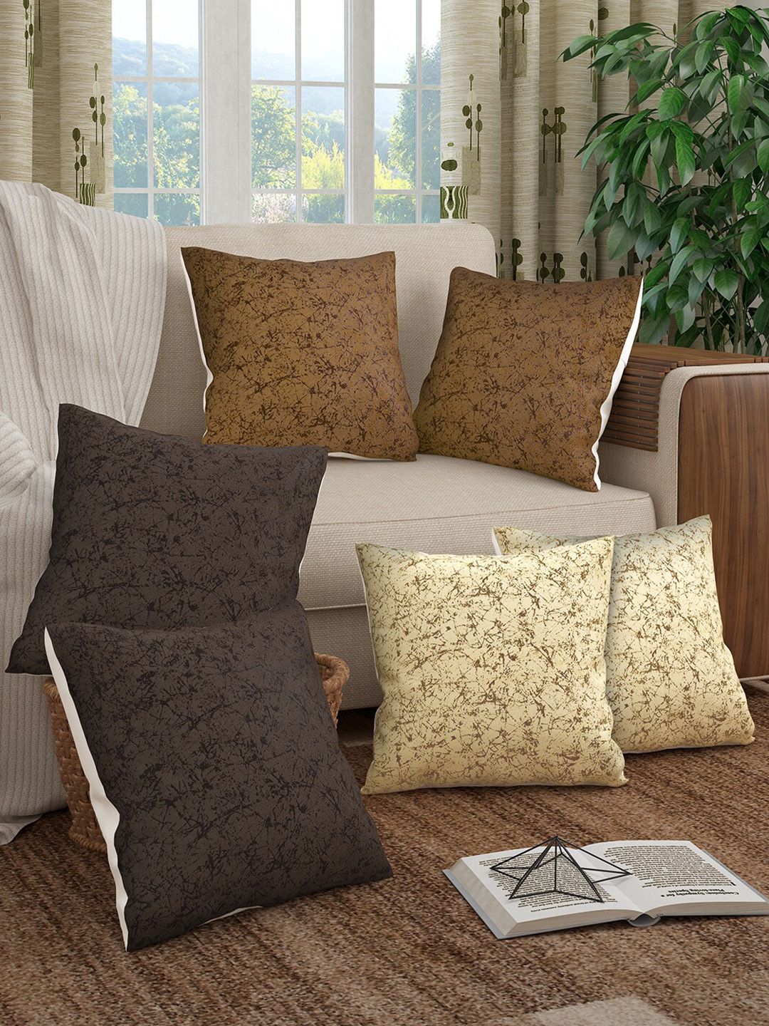 Story@home Cream-Coloured & Brown Set of 6 Abstract Square Cushion Covers Price in India