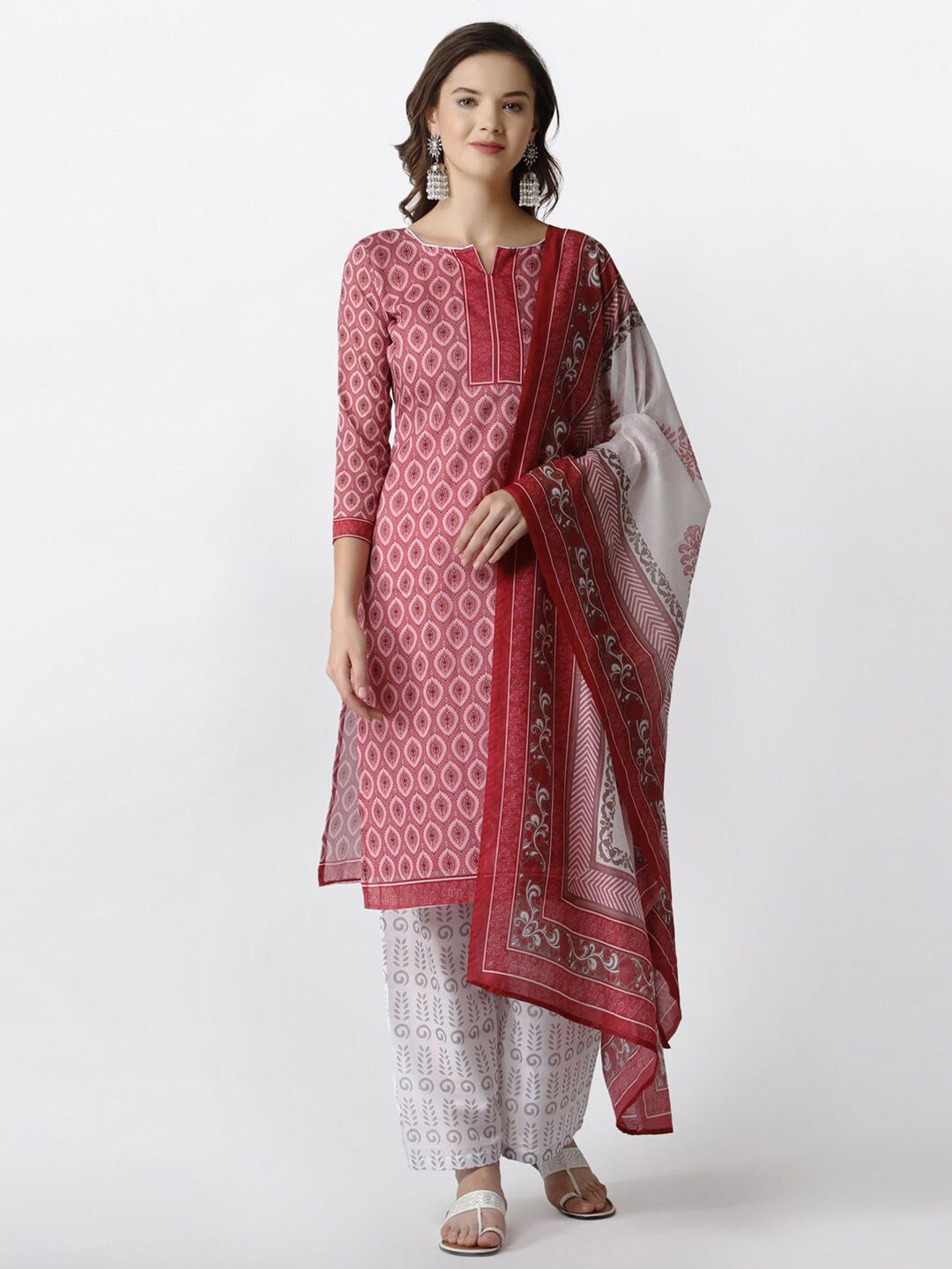 Satrani Women Pink & White Printed Pure Cotton Unstitched Dress Material Price in India