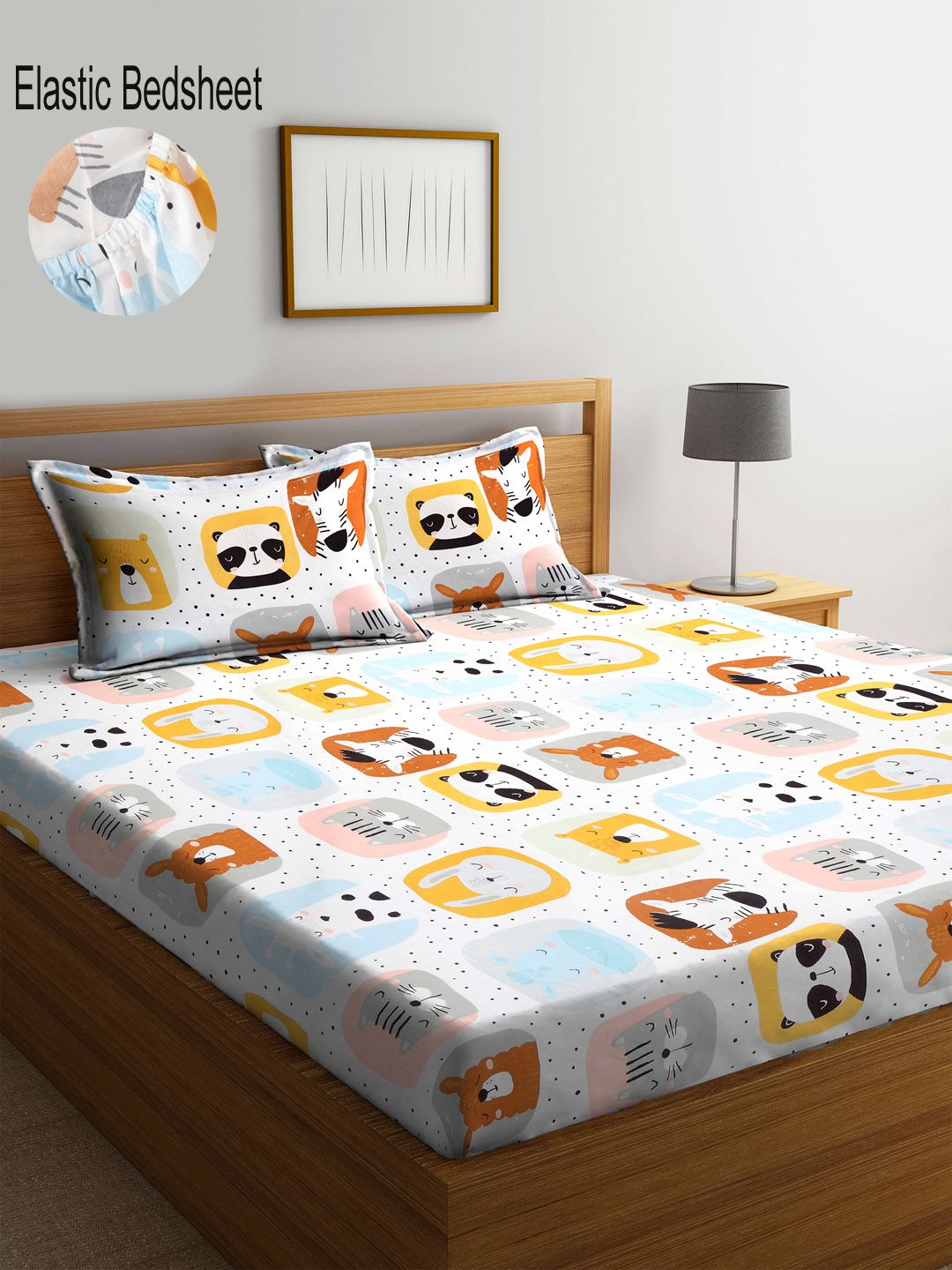 KLOTTHE White & Yellow Graphic 300 TC Fitted Double Bedsheet with 2 Pillow Cover Price in India