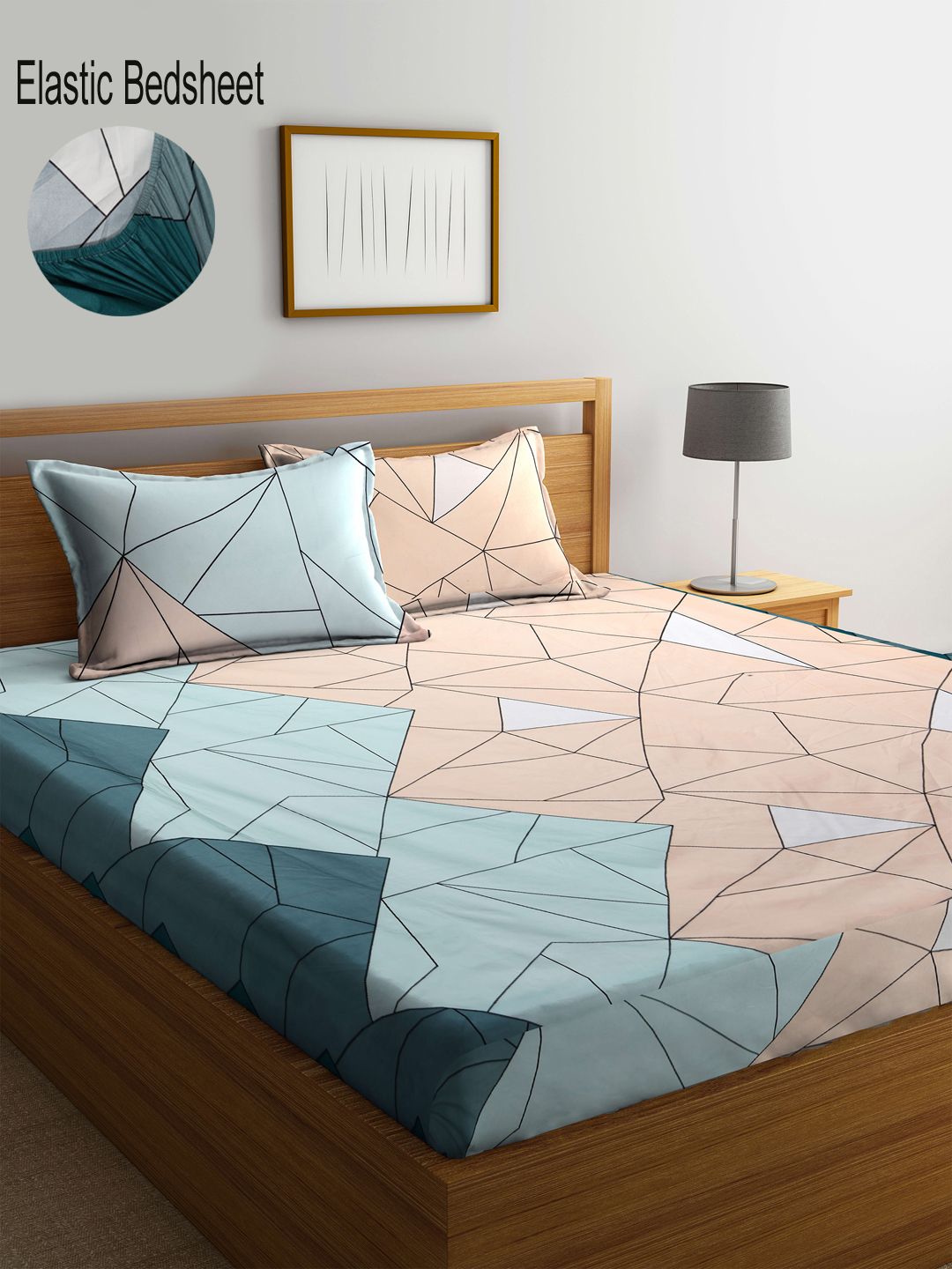 KLOTTHE Blue & Pink Geometric 300 TC King Fitted Bedsheet With 2 Pillow Covers Price in India