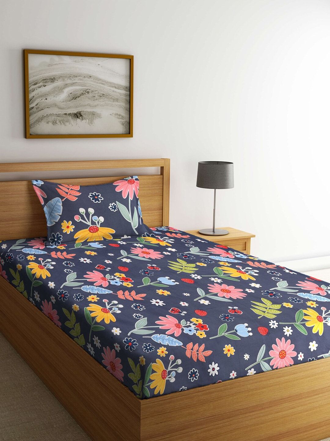 KLOTTHE Grey & Pink Floral 210 TC Single Bedsheet with 1 Pillow Covers Price in India