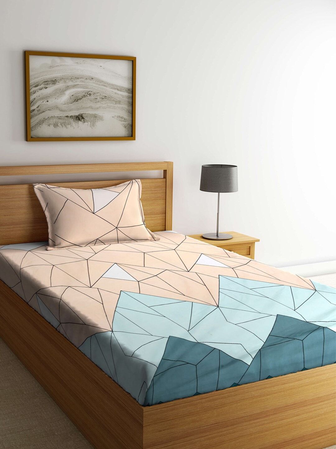 KLOTTHE Peach-Coloured & Sea Green Geometric 210 TC Single Bedsheet with 1 Pillow Covers Price in India