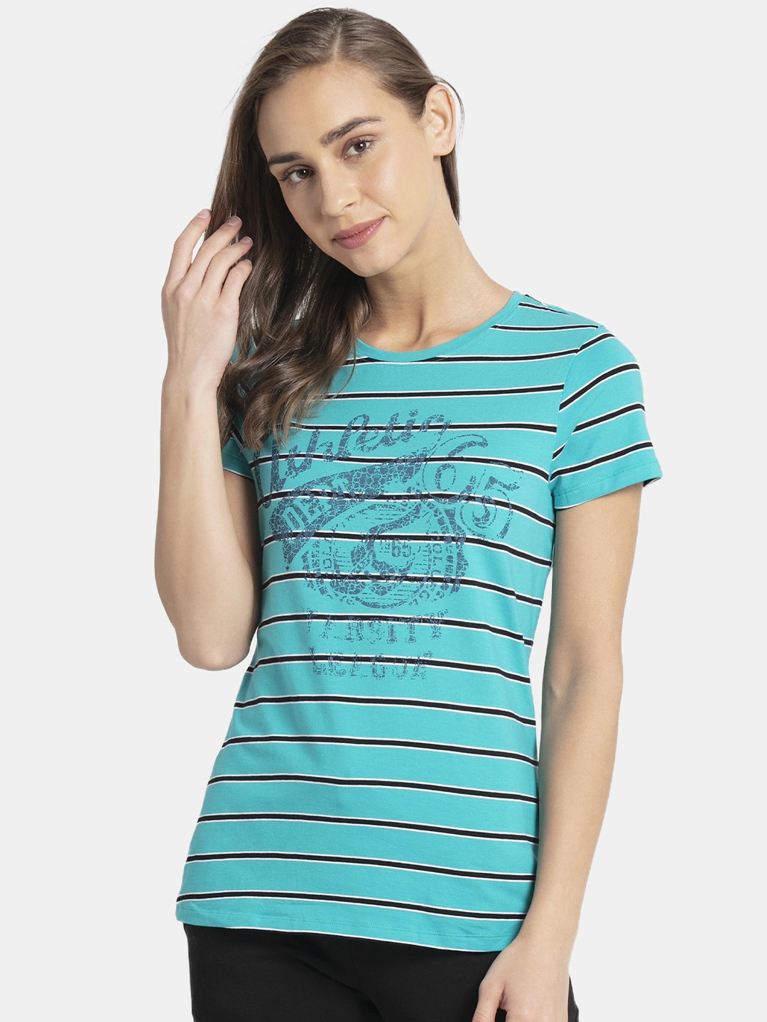 Jockey Women Teal Blue & Black Striped Lounge T-shirt Price in India