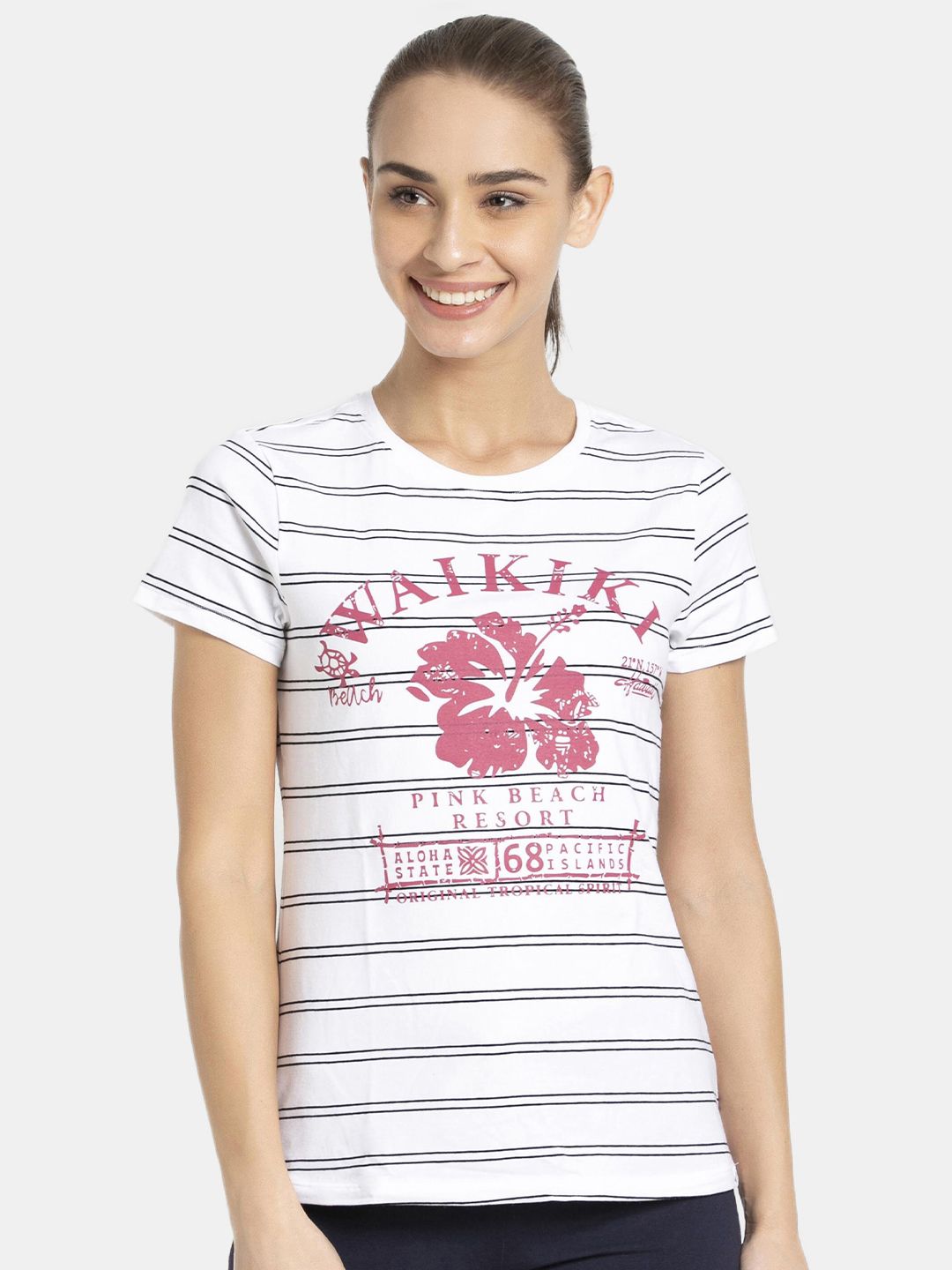 Jockey Women White & Black Striped Lounge T-shirt Price in India