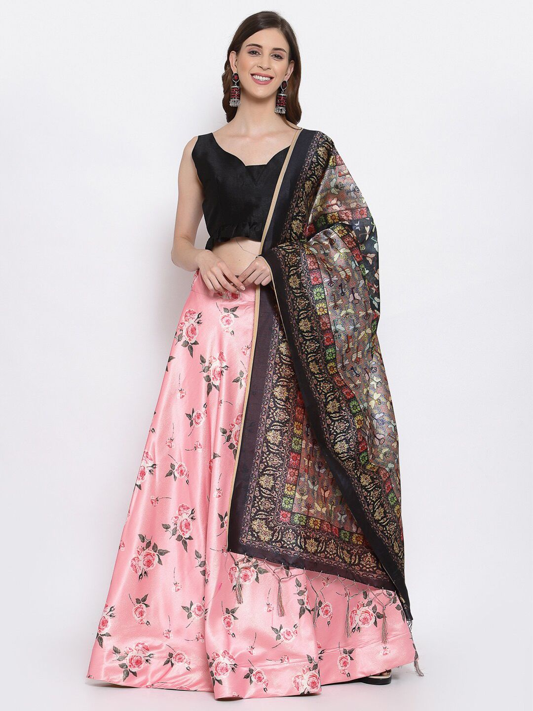 Satrani Pink & Black Lehenga & Unstitched Blouse With Dupatta