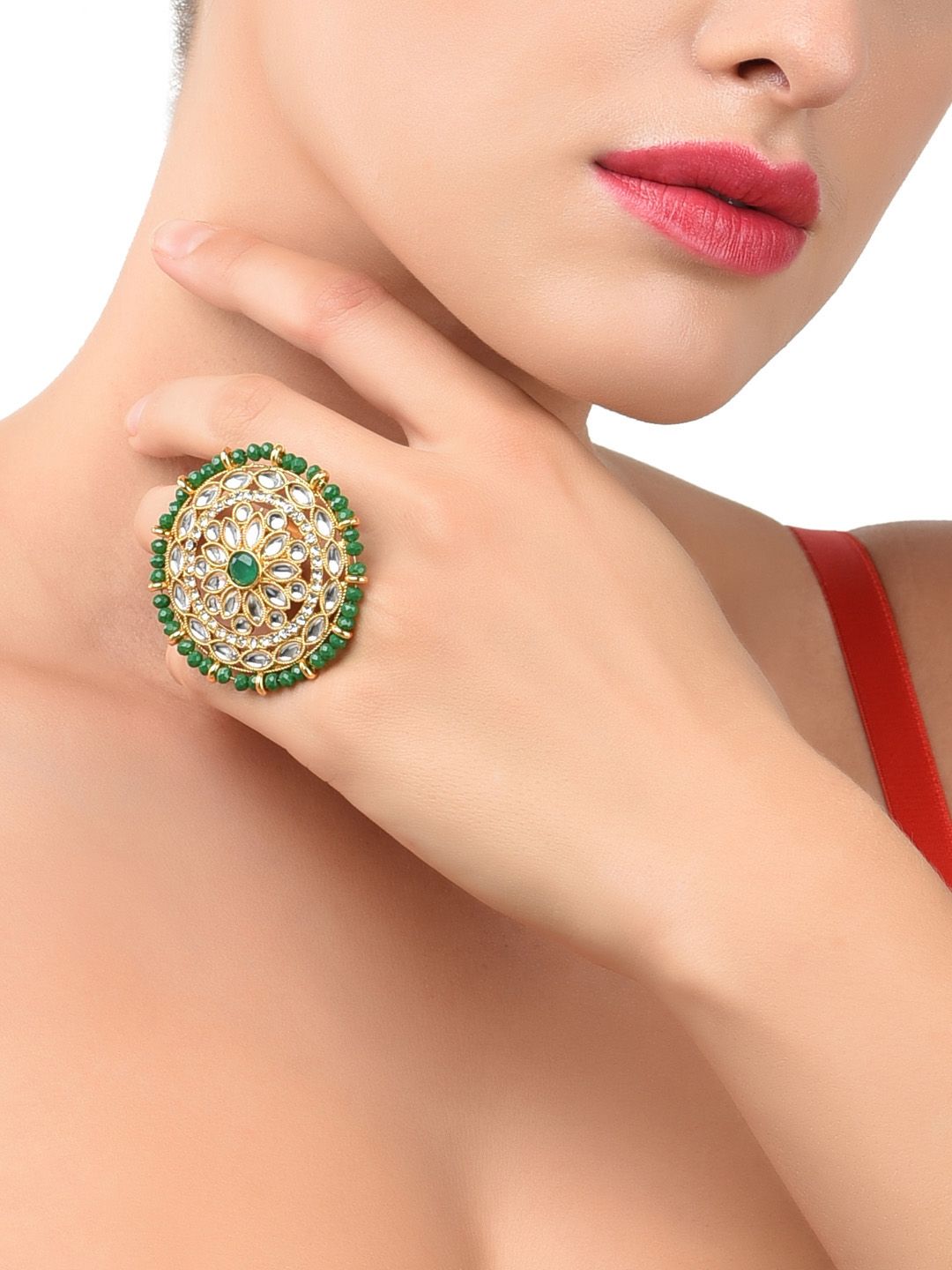 Zaveri Pearls Gold-Plated White & Green Kundan-Studded Beaded Adjustable Finger Ring Price in India