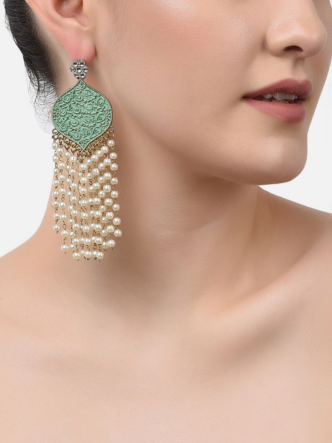 Zaveri Pearls Green & Off-White Gold-Plated Contemporary Drop Earrings Price in India