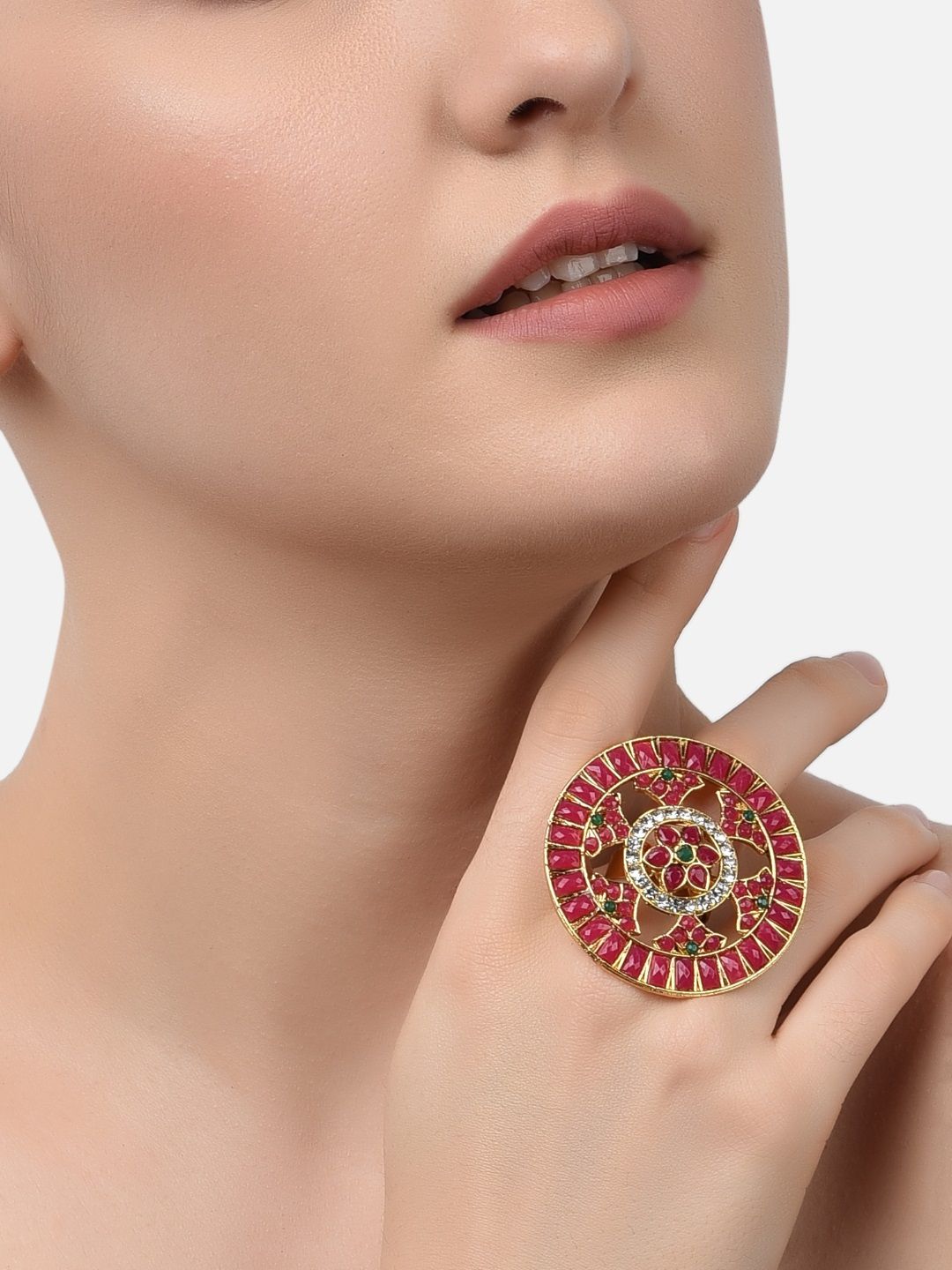 Zaveri Pearls Gold-Plated Pink & White Stone-Studded Adjustable Finger Ring Price in India