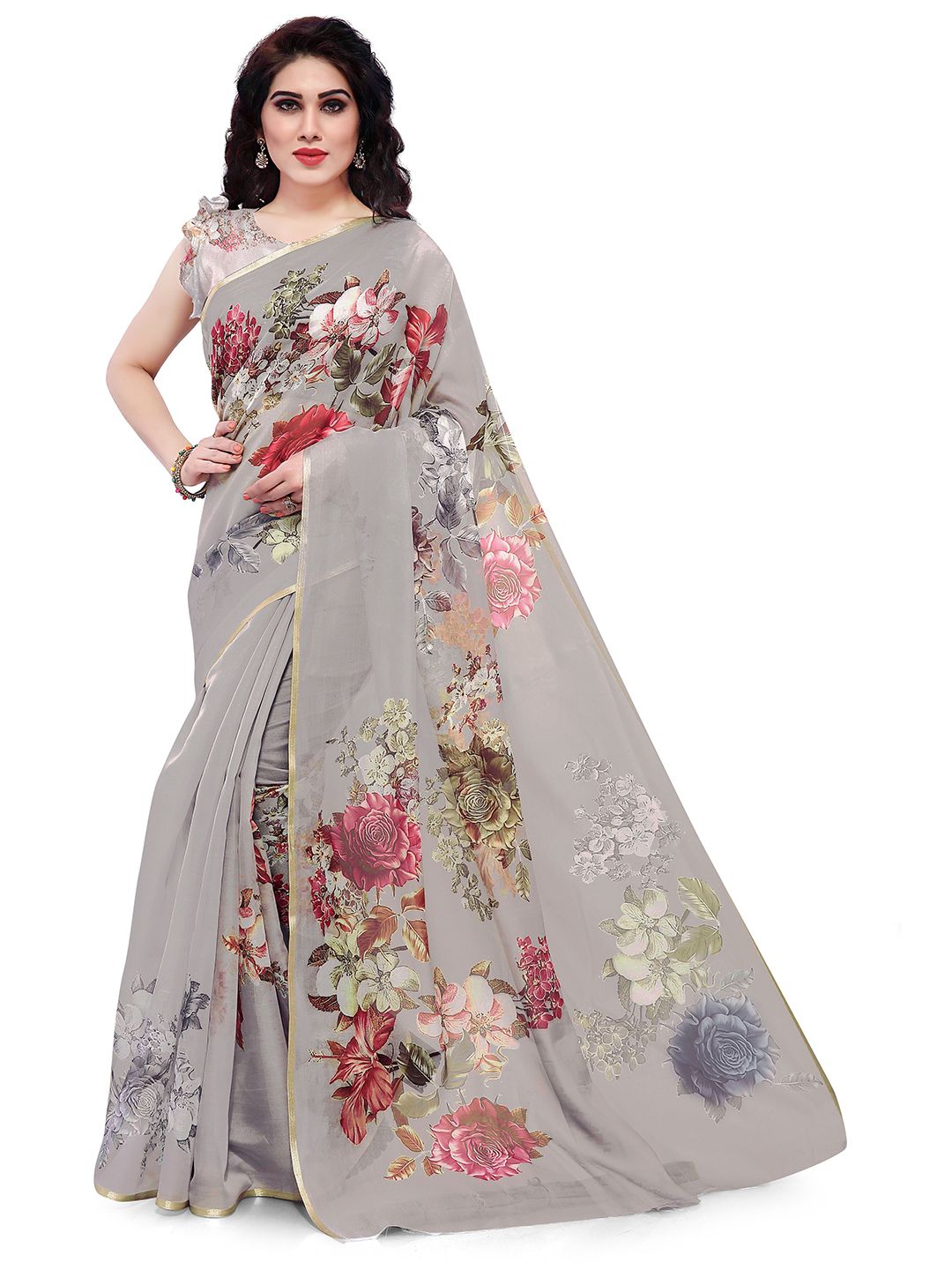 KALINI Taupe & Red Floral Printed Zari Border Organza Saree