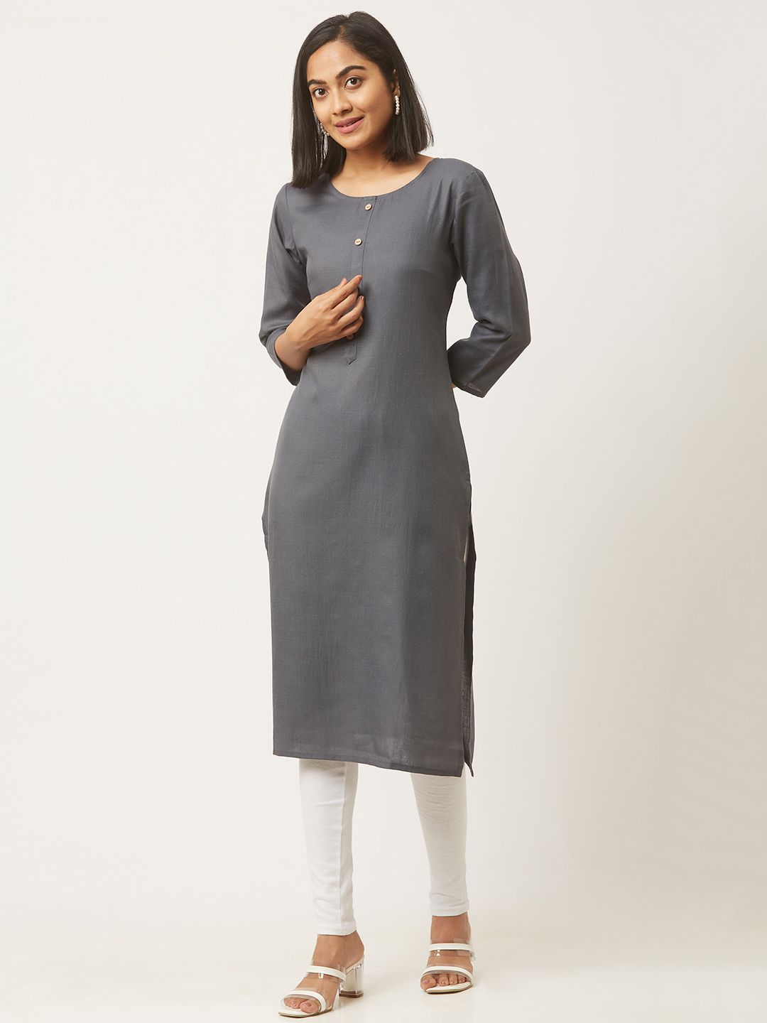 ZOLA Women Grey Straight Solid Pure Cotton Kurta with Pockets Price in India