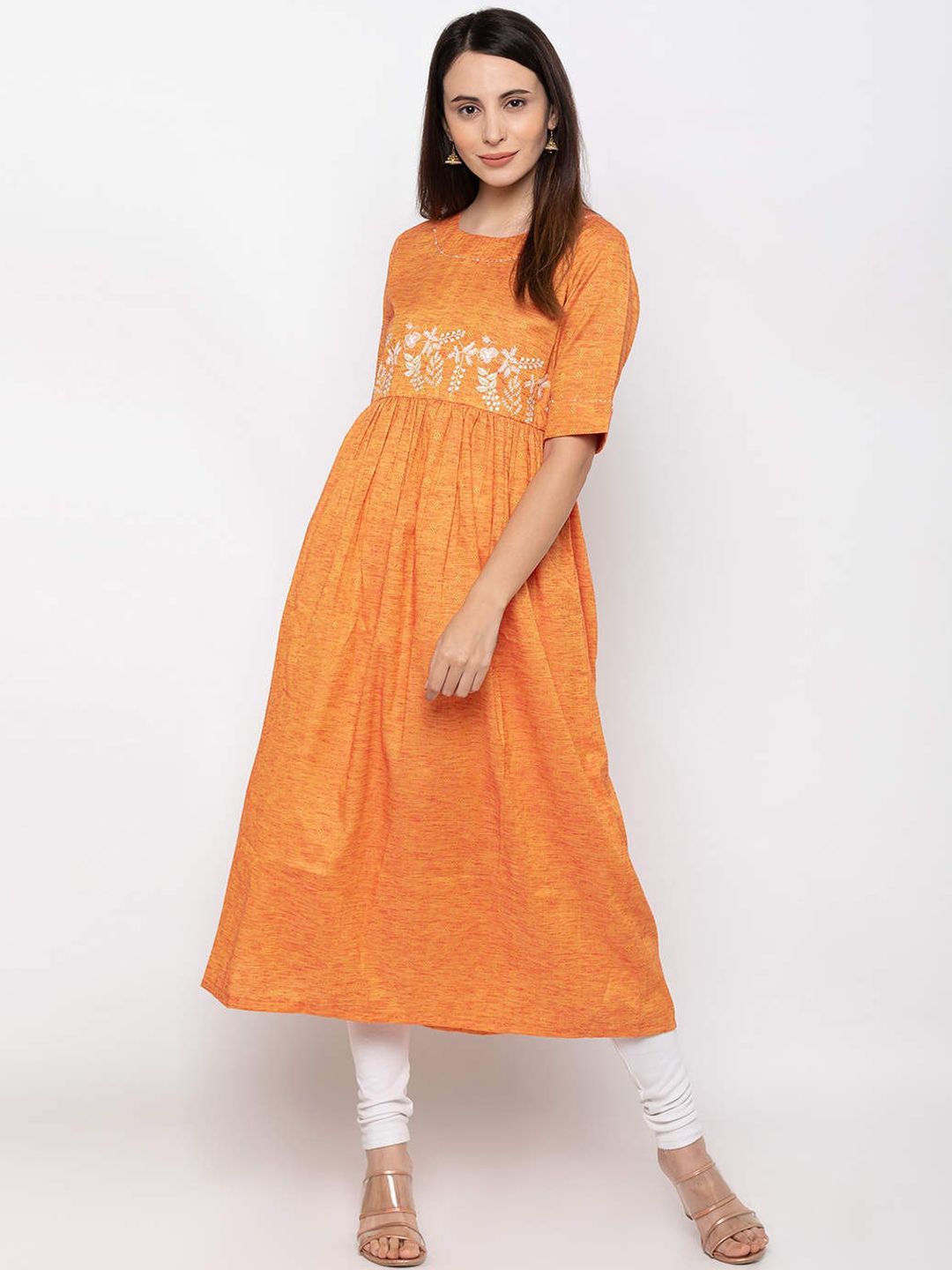 ZOLA Women Orange Thread Work Anarkali Kurta