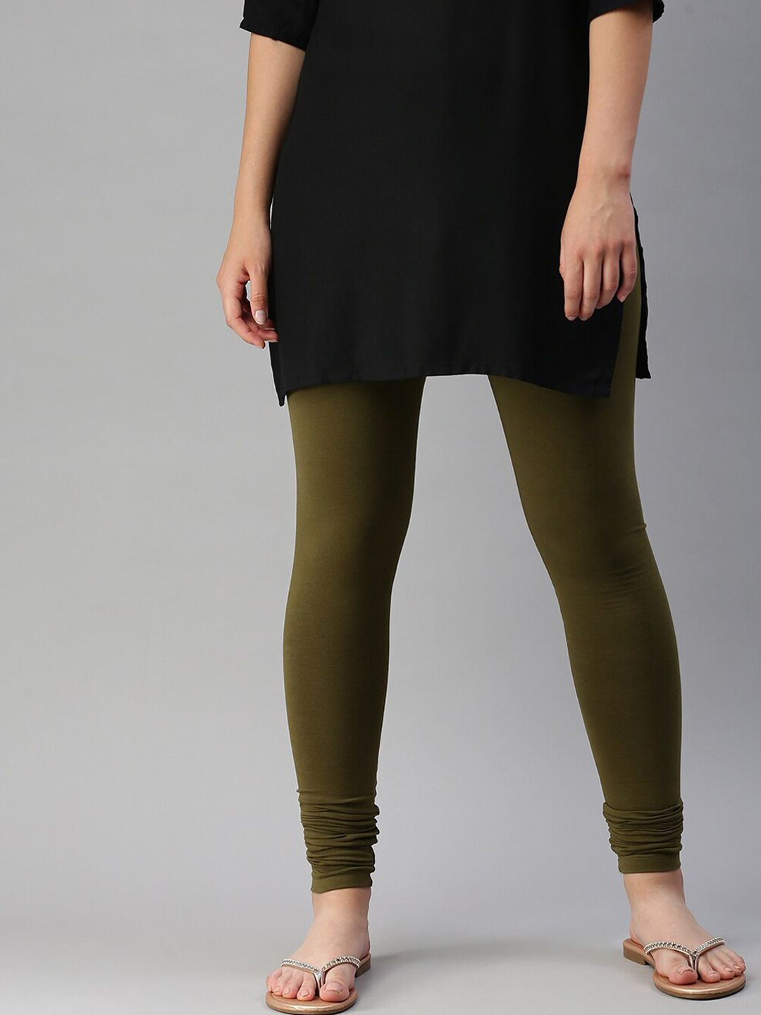 De Moza Women Olive-Green Solid Churidar-Length Leggings Price in India