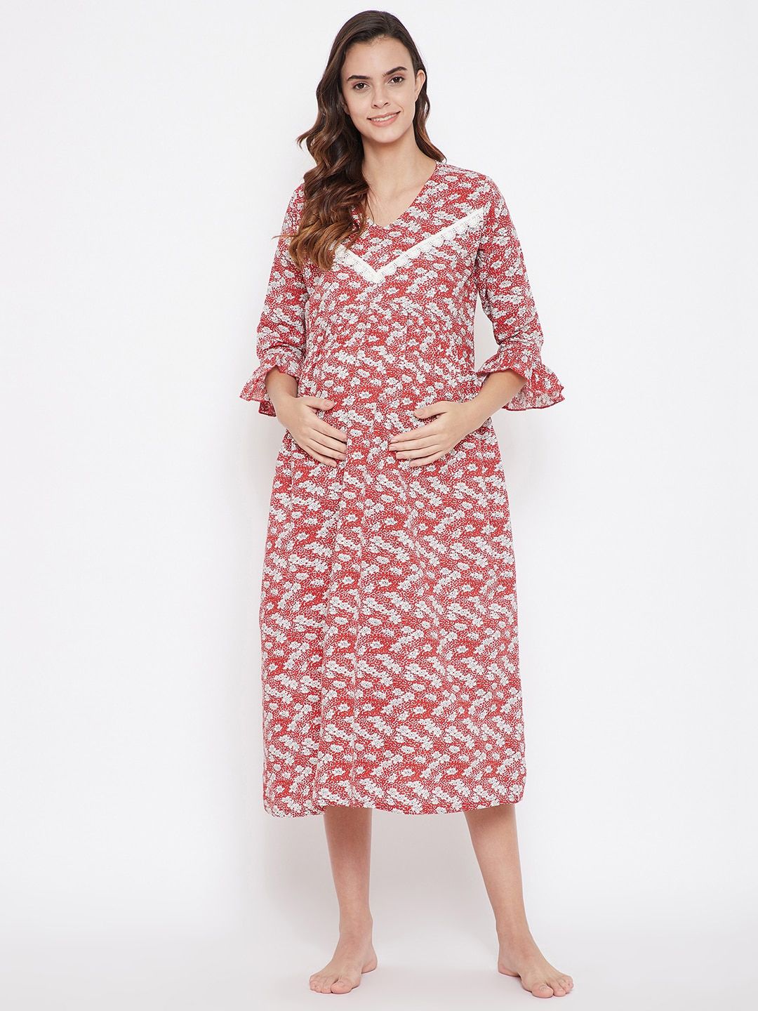 The Kaftan Company Red Floral Printed Maternity A-Line Midi Dress Price in India