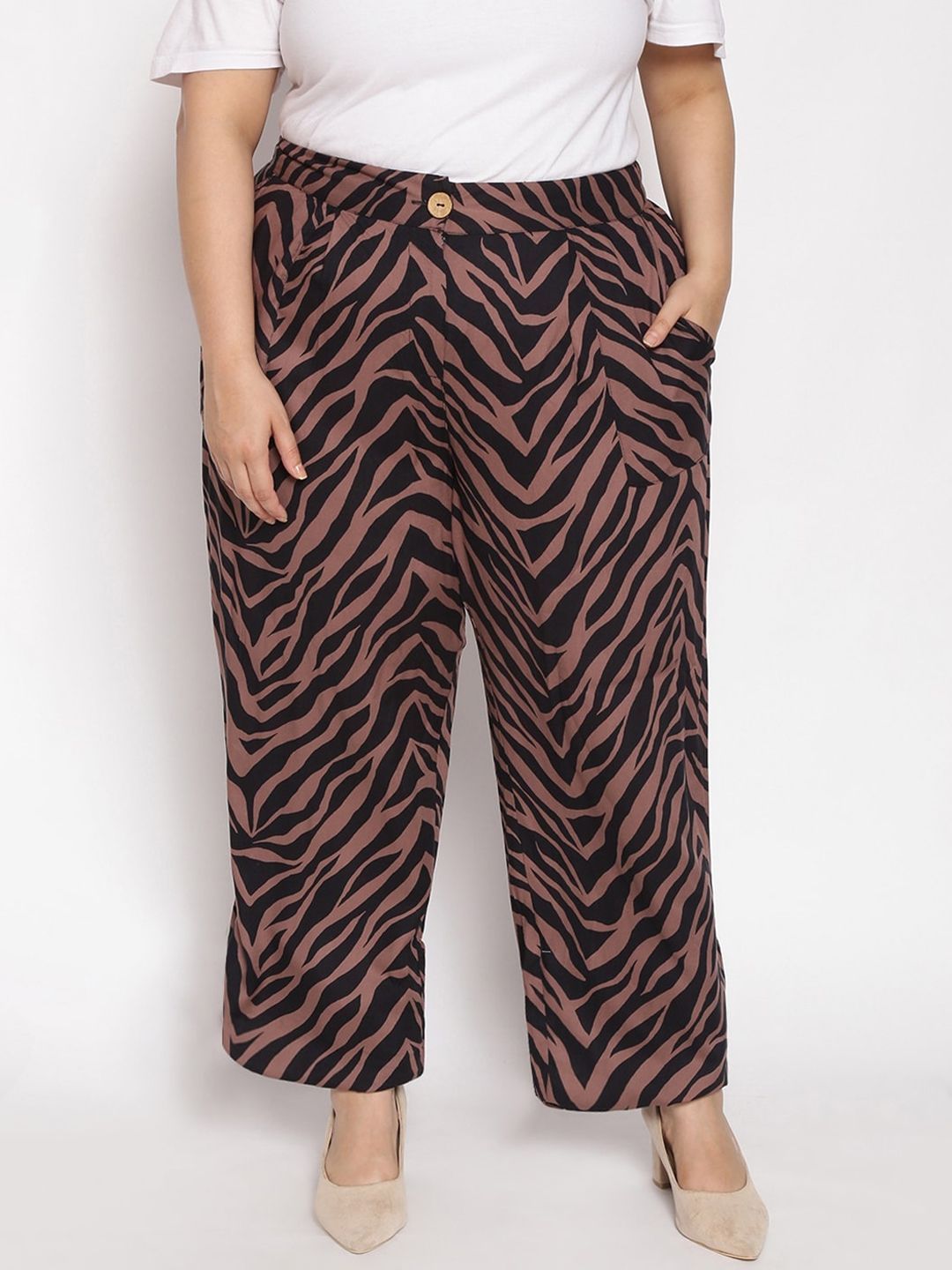 Oxolloxo Women Brown Animal Printed Pleated Parallel Trousers Price in India