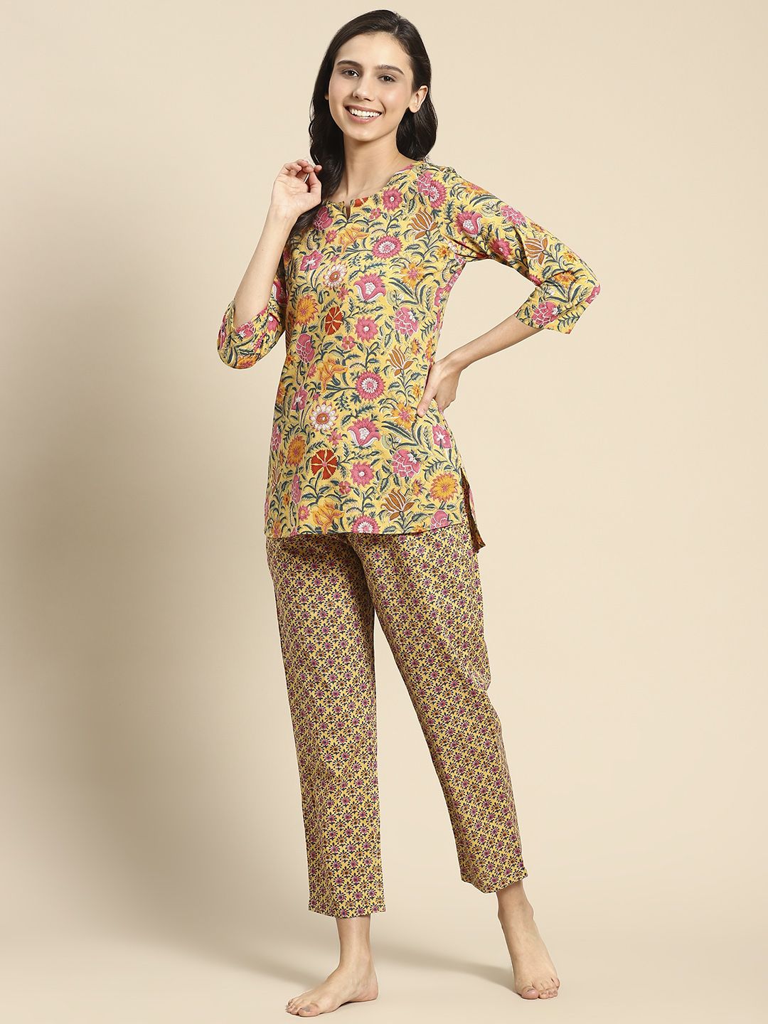 Prakrti Women Mustard Yellow & Pink Pure Cotton Printed Night suit Price in India