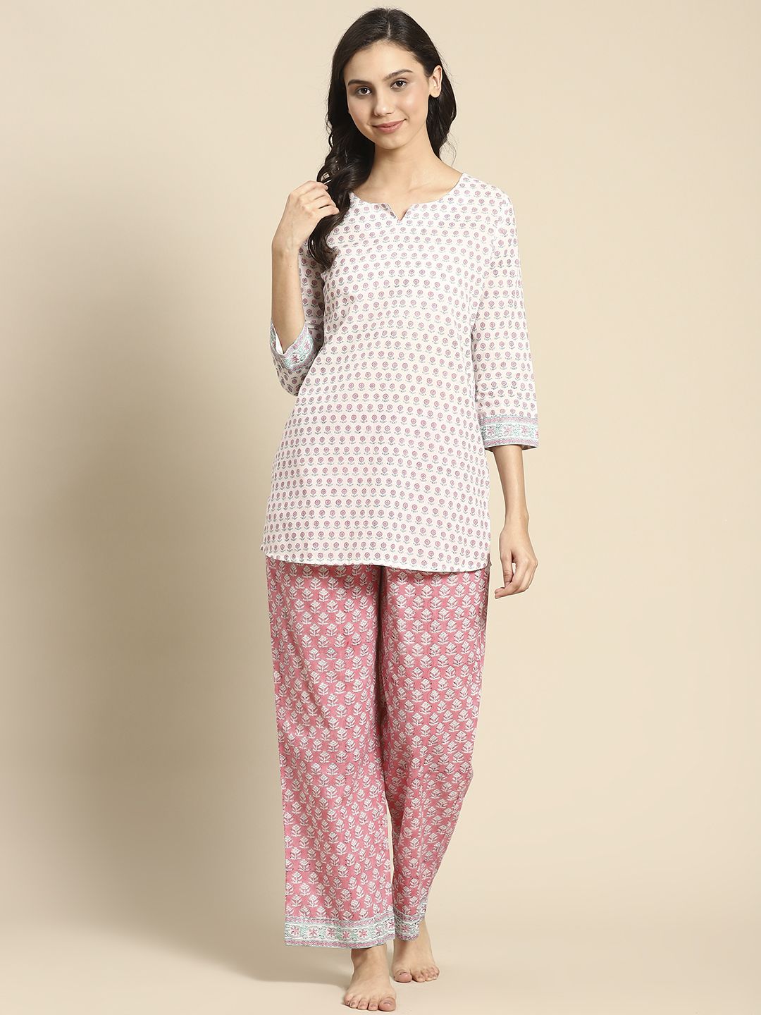 Prakrti Women Pink & White Pure Cotton Handblock Print Pyjama Set Price in India