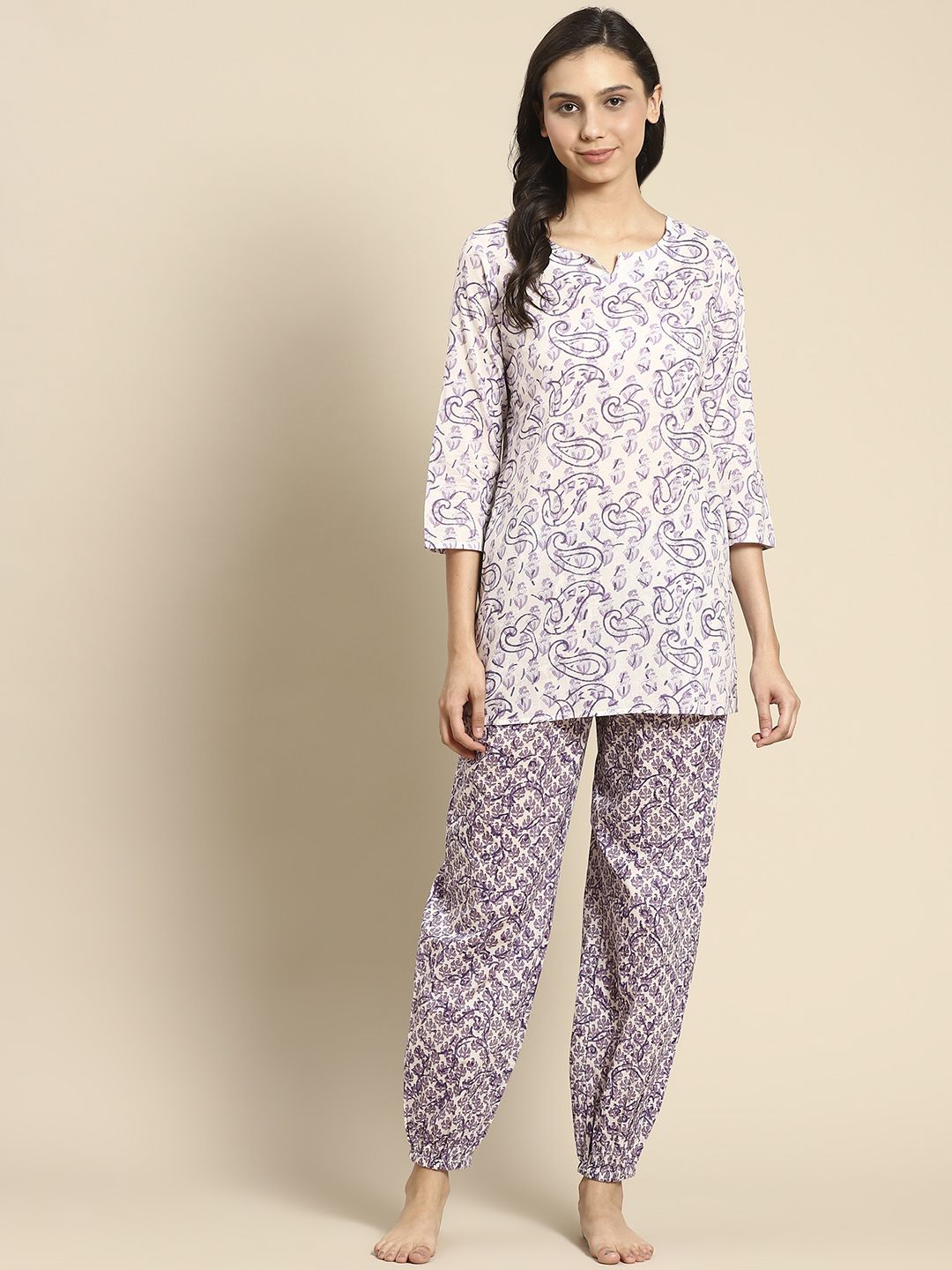 Prakrti Women Purple & White Cotton Handblock Printed Night Suit Price in India