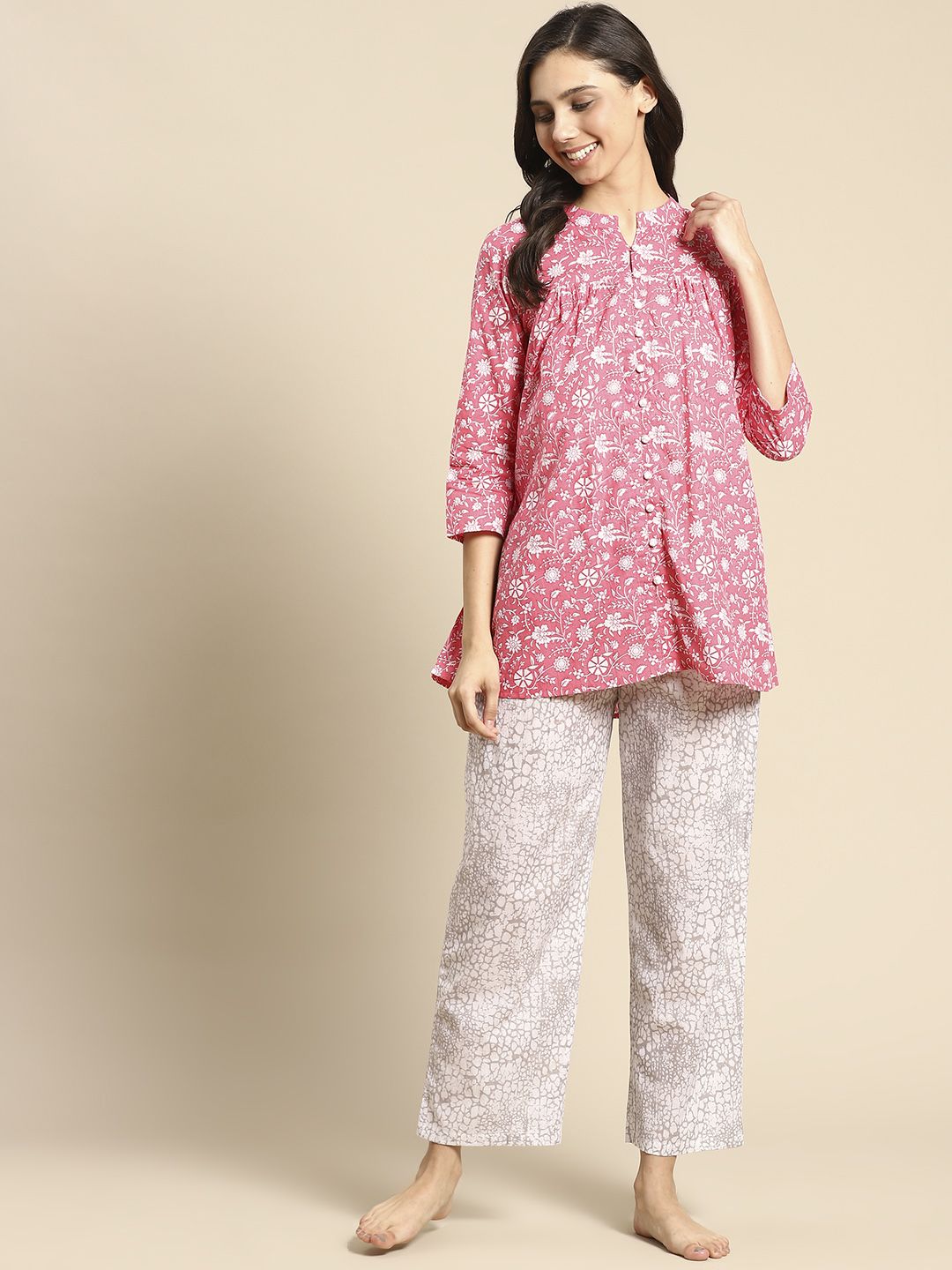 Prakrti Women Pink & Grey Cotton Ethnic Print Pyjama Set Price in India