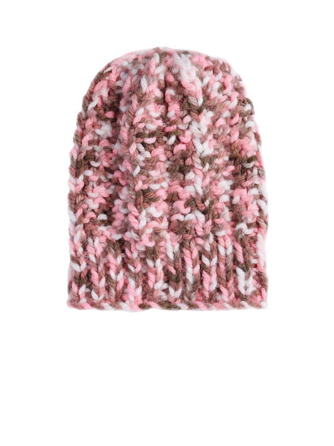 Magic Needles Unisex Pink & Brown Handknitted Self Design Beanie Price in India