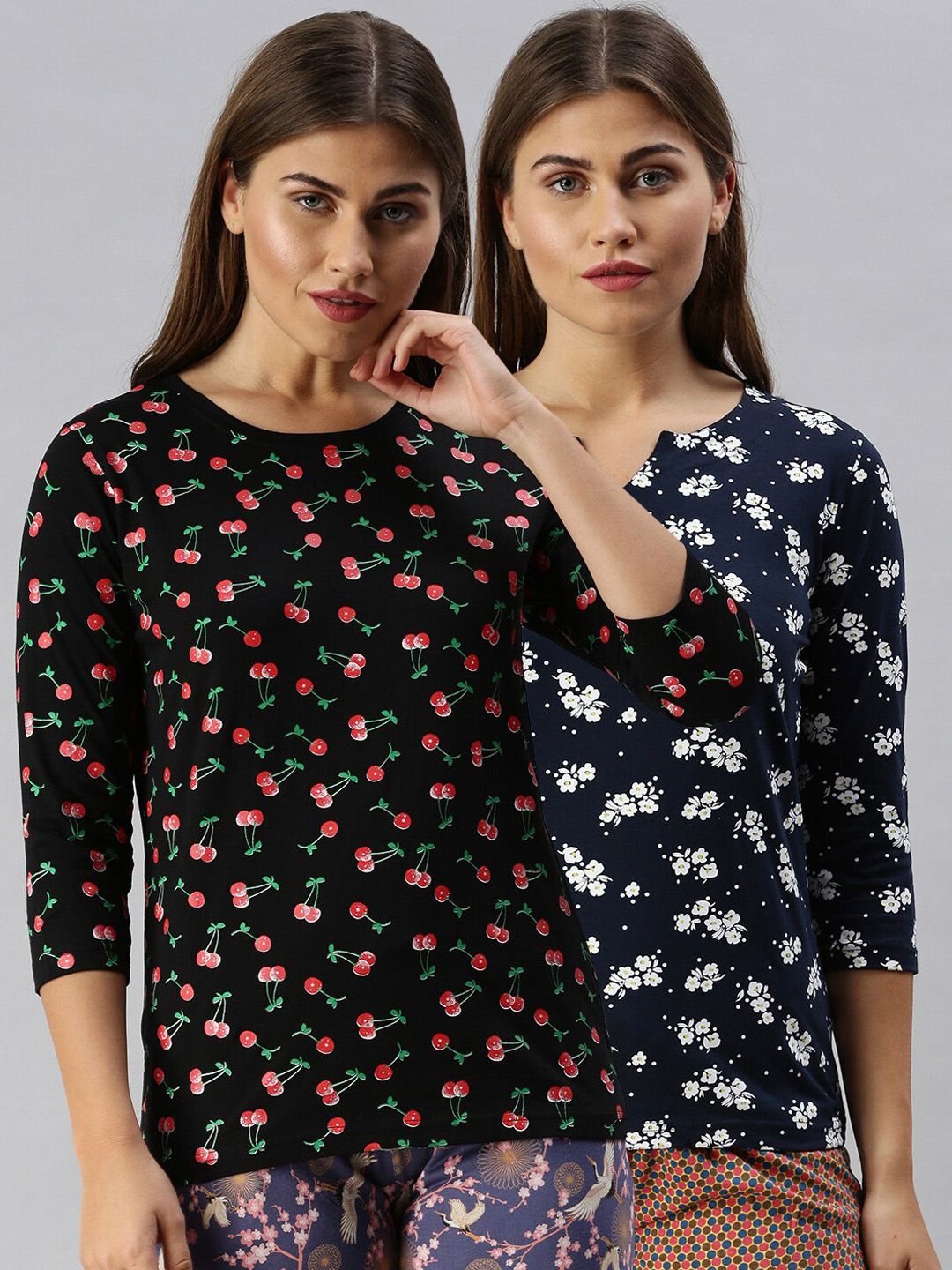 Kryptic Women Pack Of 2 Floral Printed Pure Cotton Lounge T-Shirts Price in India