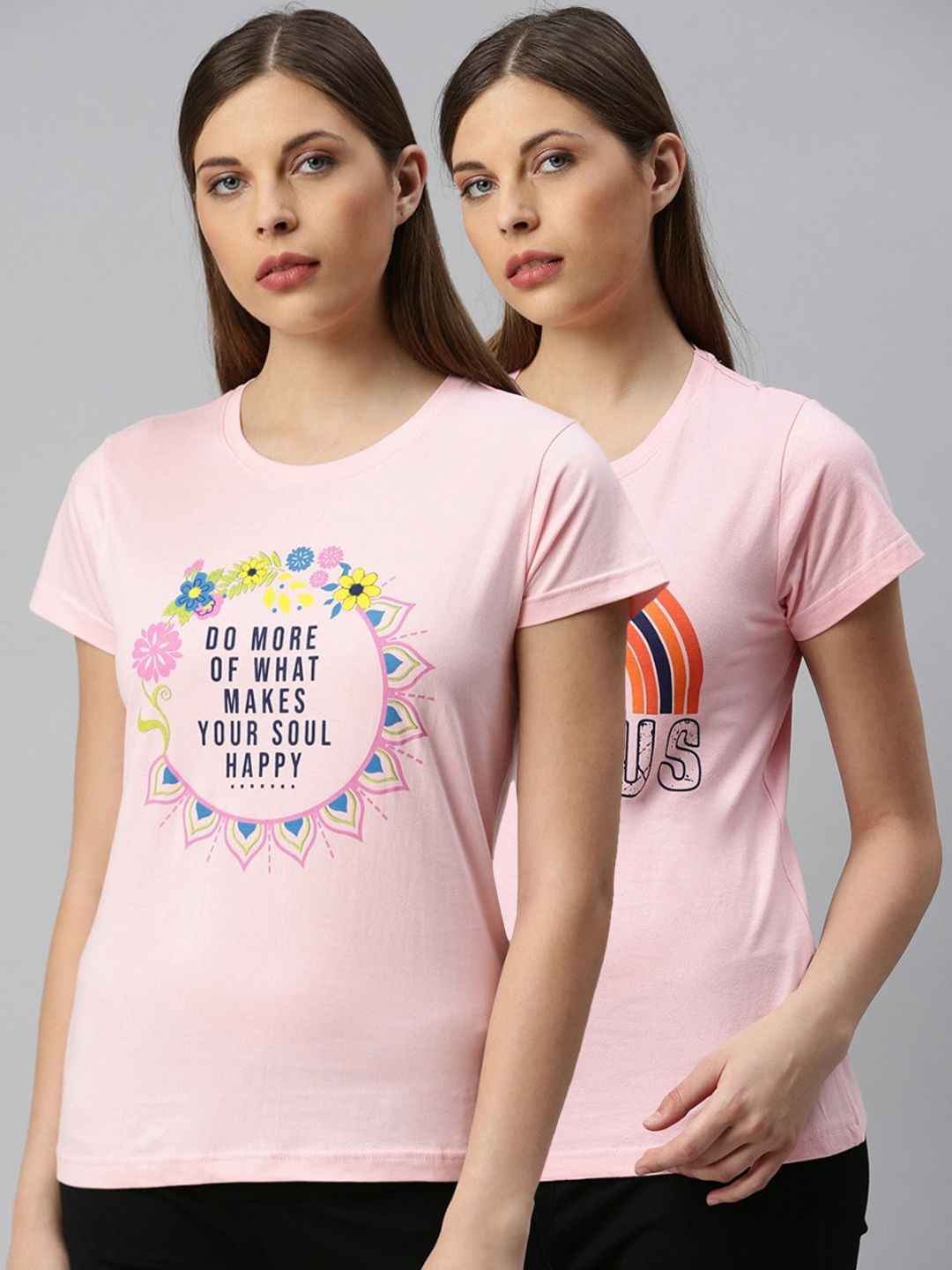 Kryptic Women Pack Of 2 Pink Typography Printed Pure Cotton Lounge T-Shirts Price in India