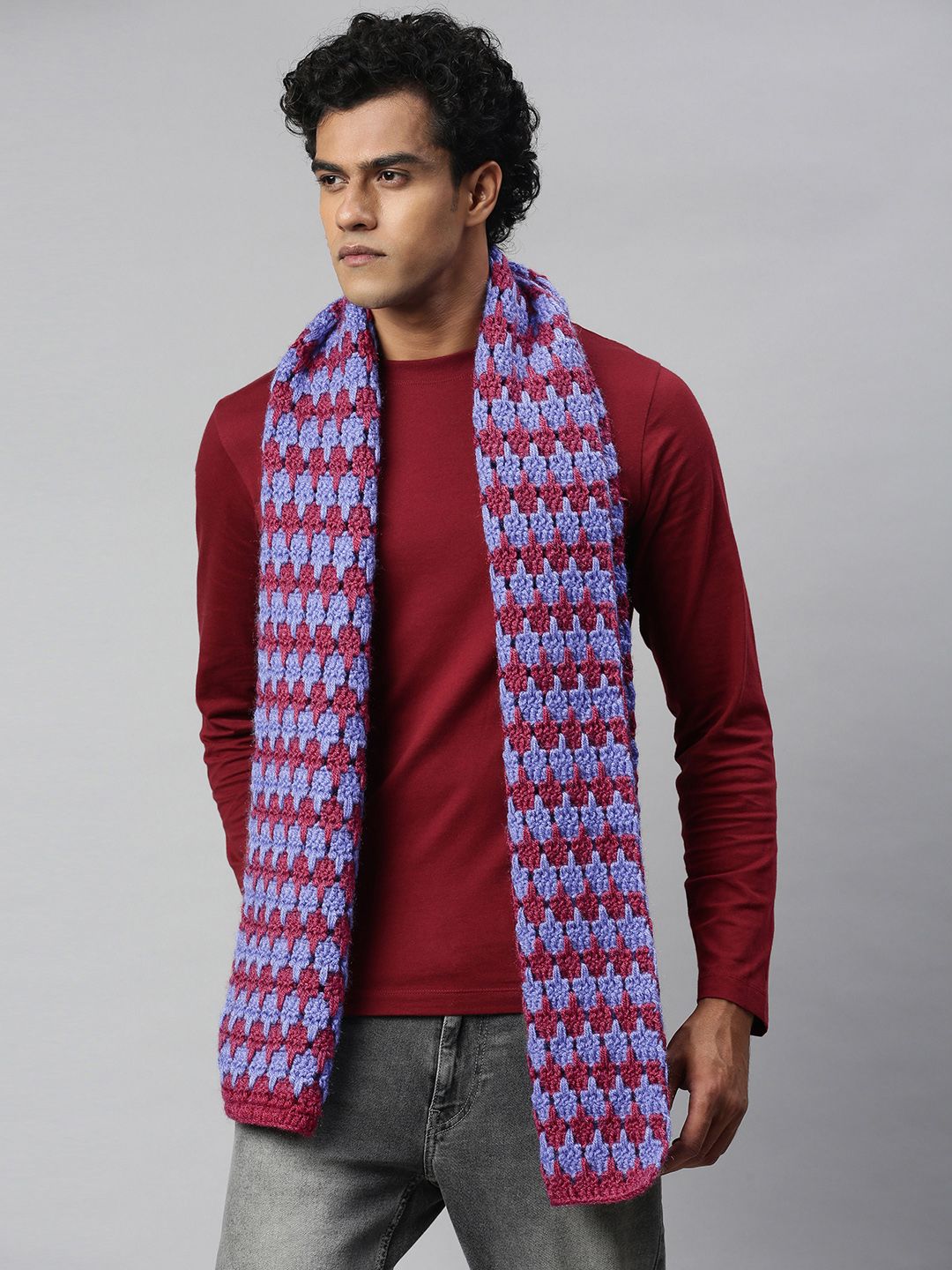 Magic Needles Unisex Maroon & Blue Checked Scarf Price in India