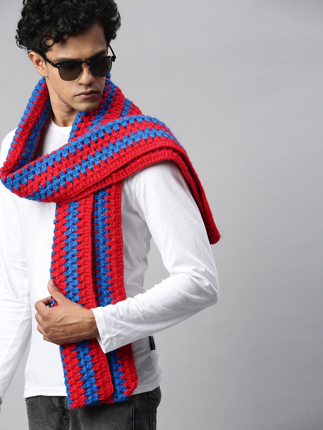 Magic Needles Unisex Red & Blue Self Design Scarf Price in India