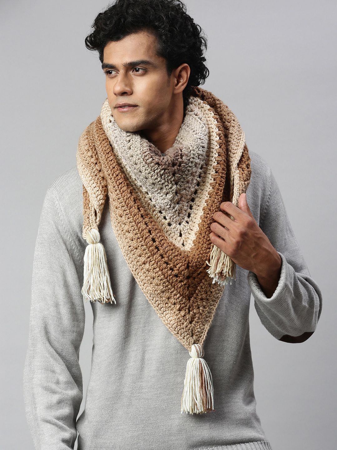 Magic Needles Unisex Brown & Beige Colourblocked Scarf Price in India