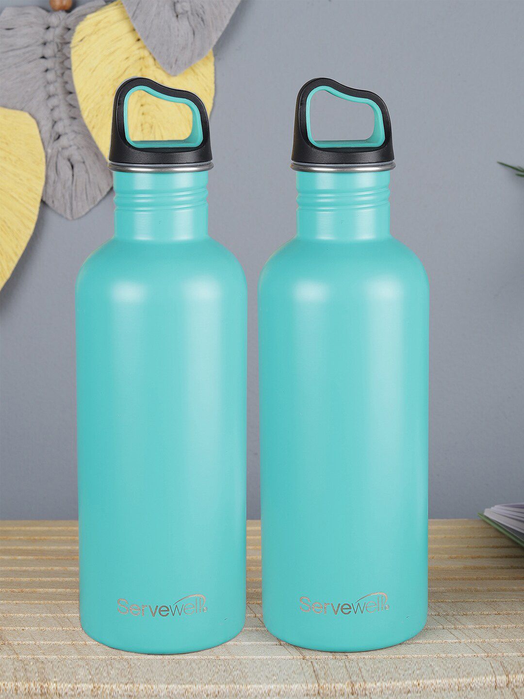 Servewell Set Of 2 Sea-Green & Black Solid Stainless Steel Single Wall Fridge Bottles 1000 ml Price in India