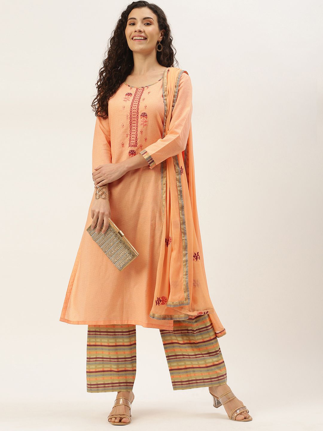 SheWill Orange & Green Printed Unstitched Dress Material Price in India