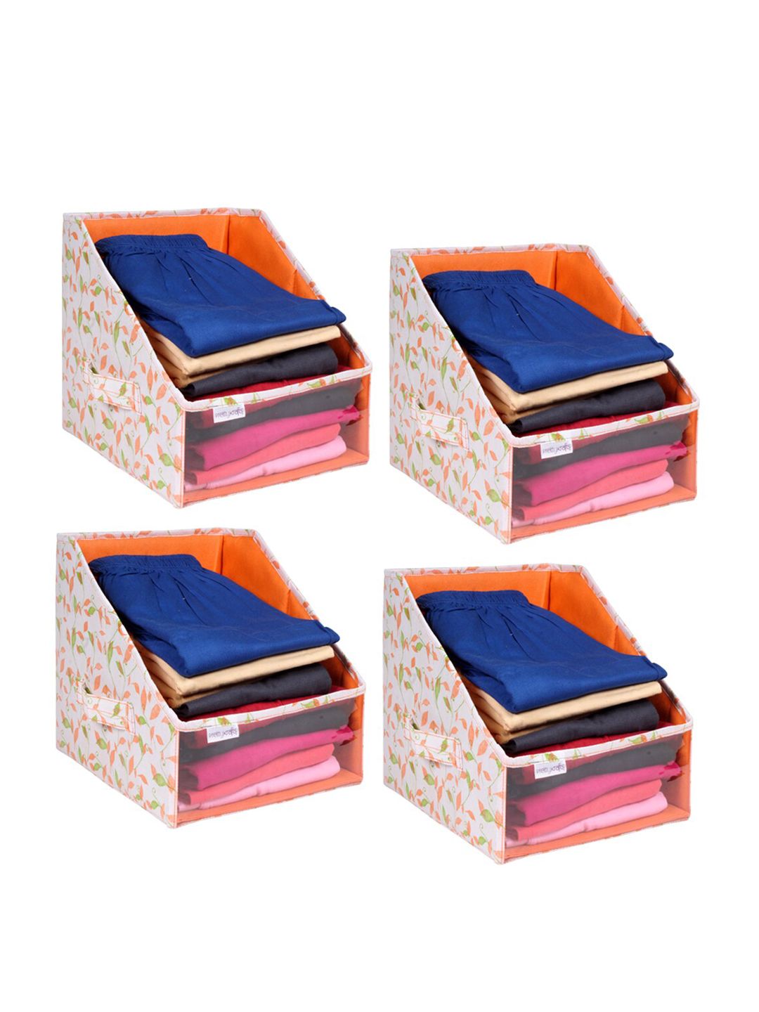 prettykrafts Set Of 4 White & Orange Printed Leggings Stacker Closet Organisers Price in India