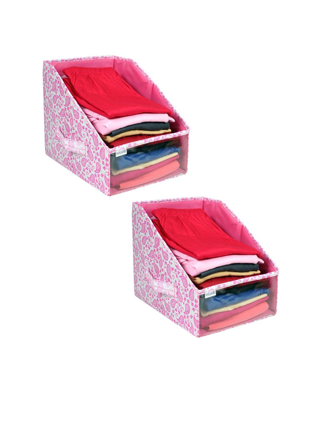 prettykrafts Set Of 2 White & Pink Printed Leggings Stacker Closet Organisers Price in India