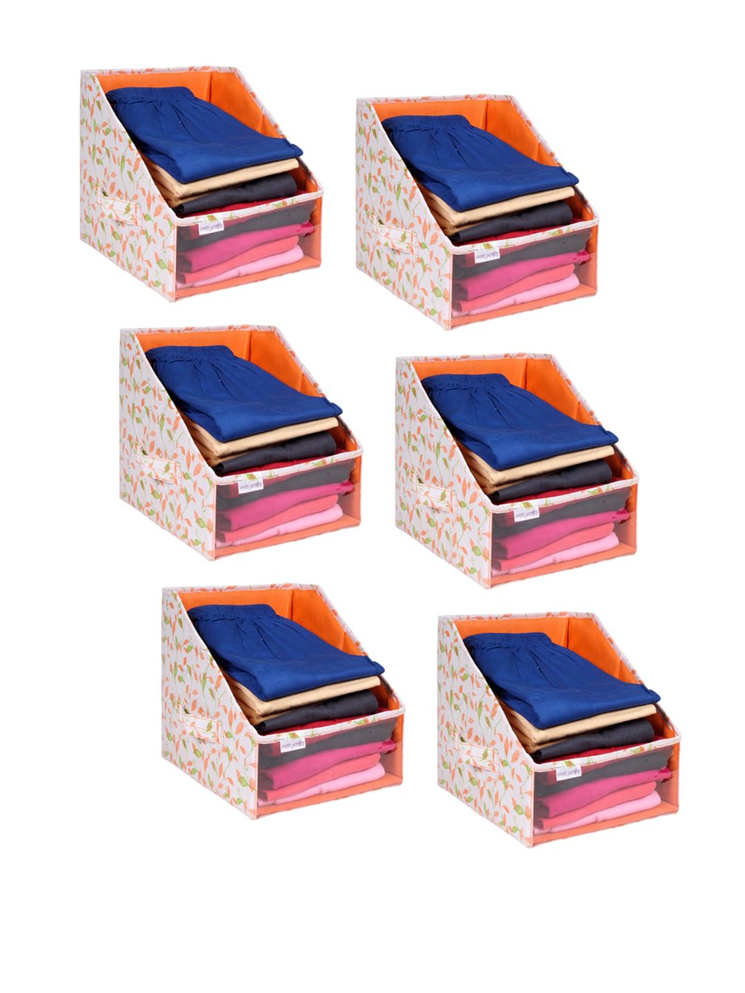 prettykrafts Set Of 6 White & Orange Printed Leggings Stacker Closet Organisers Price in India