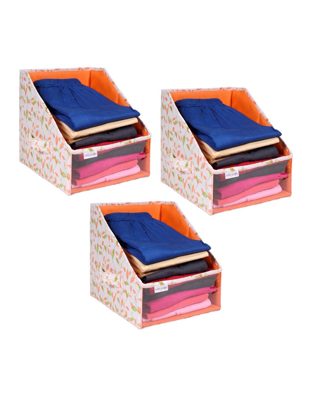 prettykrafts Set Of 3 Orange & White Printed Leggings Stacker Closet Organizers Price in India