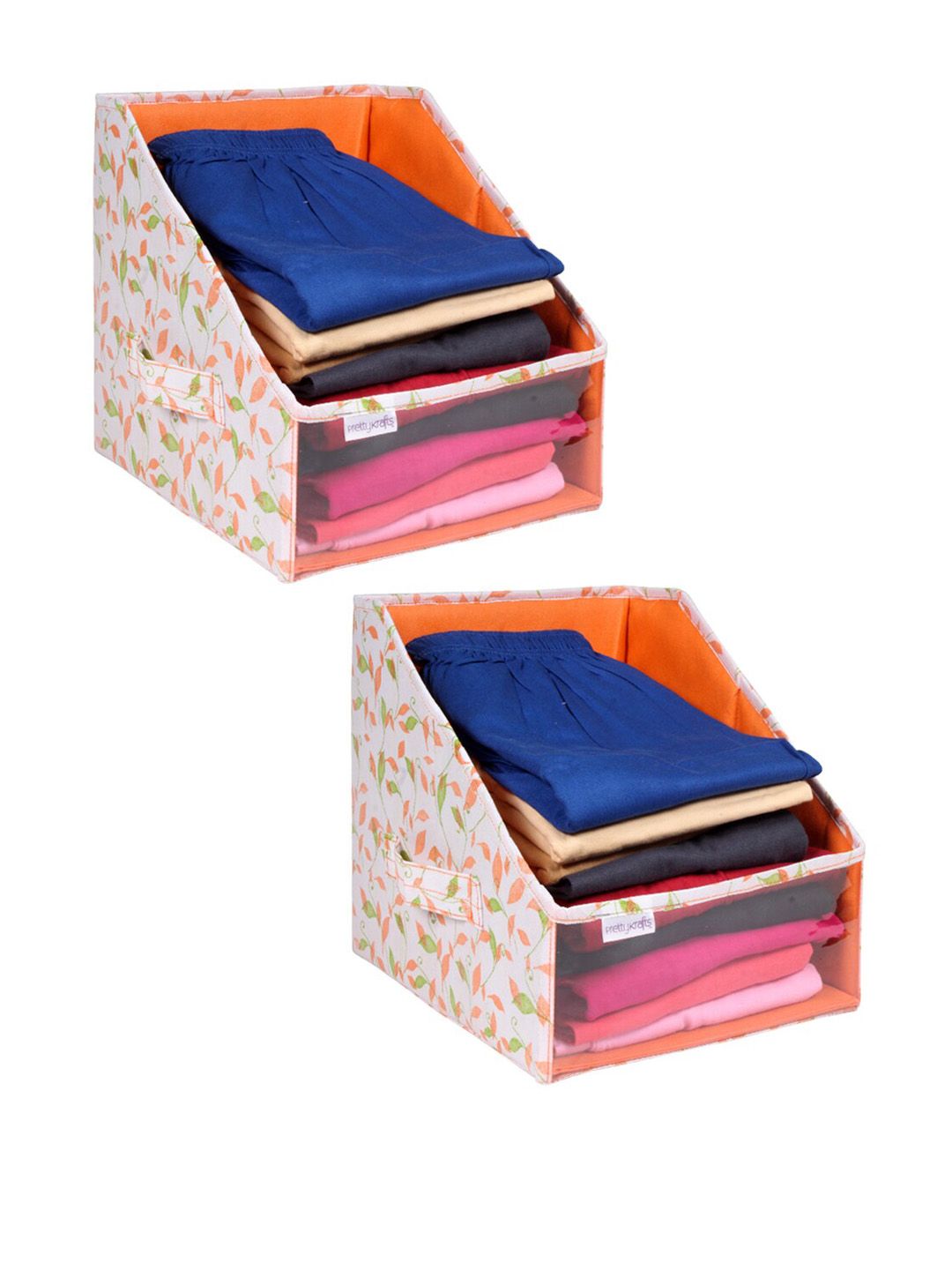 prettykrafts Set Of 2 Orange & White Printed Leggings Stacker Closet Organisers Price in India