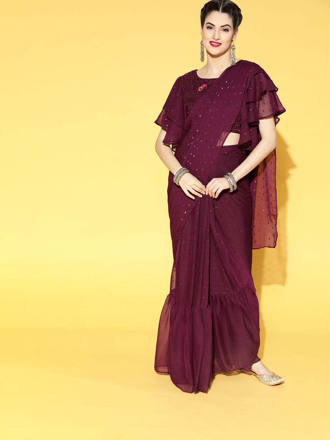 Libas Burgundy Self-Design Pure Georgette Ready to Wear Saree Price in India