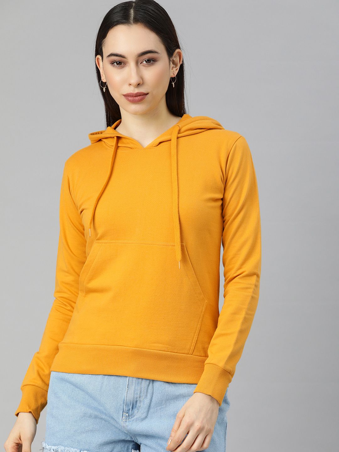 JUNEBERRY Women Yellow Solid Hooded Sweatshirt Price in India