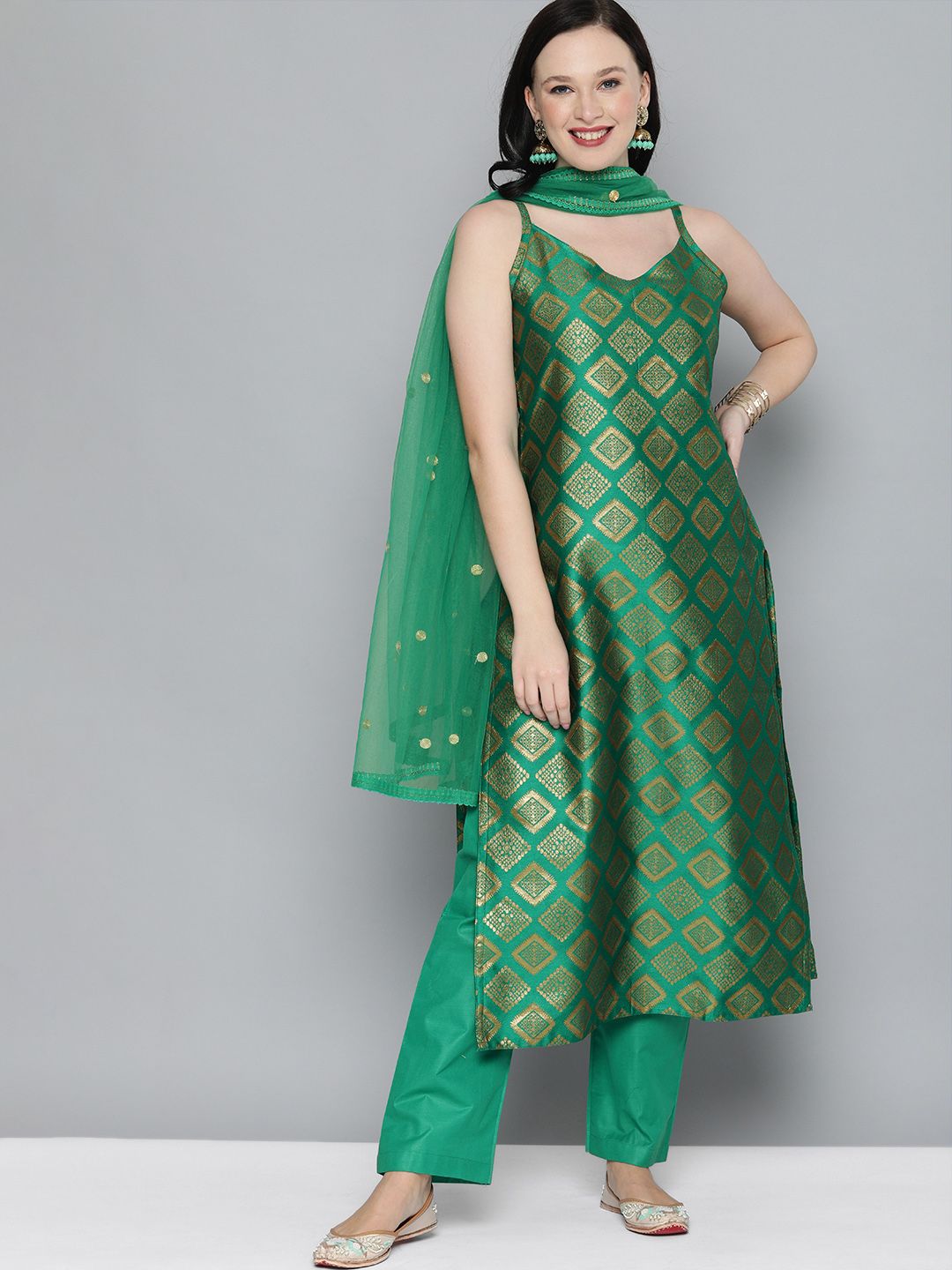 Kvsfab Women Green & Gold-Toned Ethnic Motifs Kurta with Trousers & Dupatta Price in India