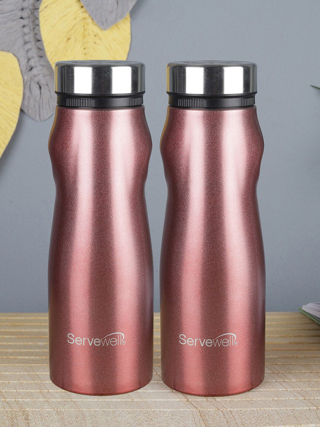 Servewell Set Of 2 Pink & Silver-Toned Solid Congo Stainless Steel Single Wall Fridge Bottle 1000 ML Price in India