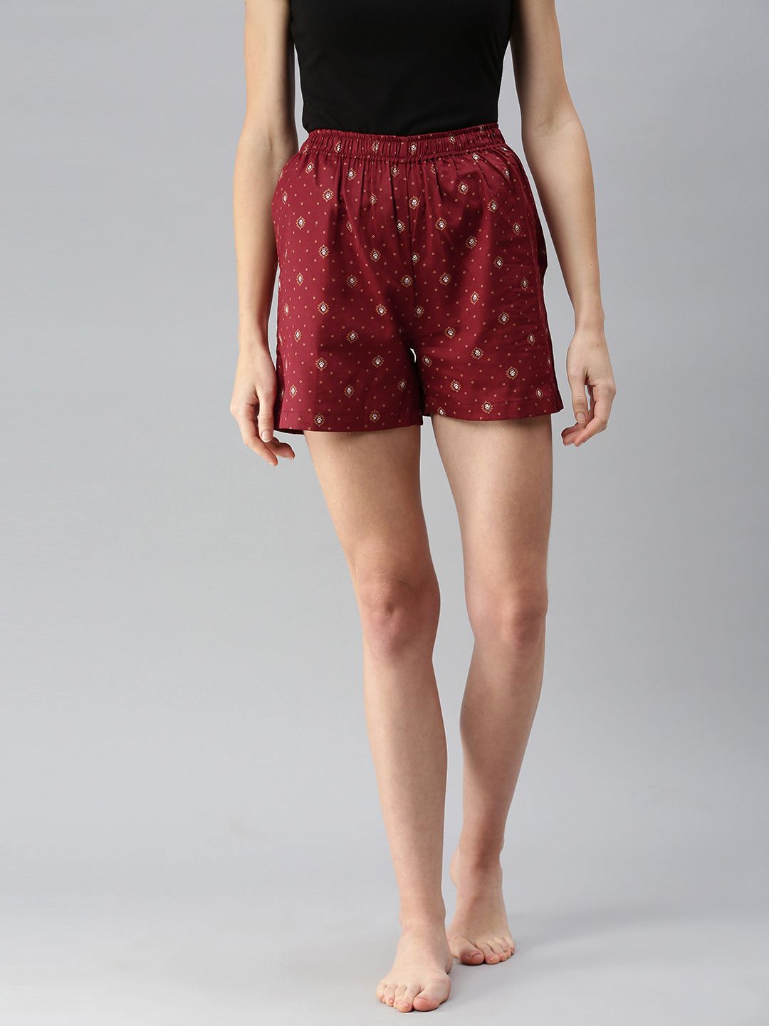 NOT YET by us Women Maroon & White Printed Lounge Shorts Price in India