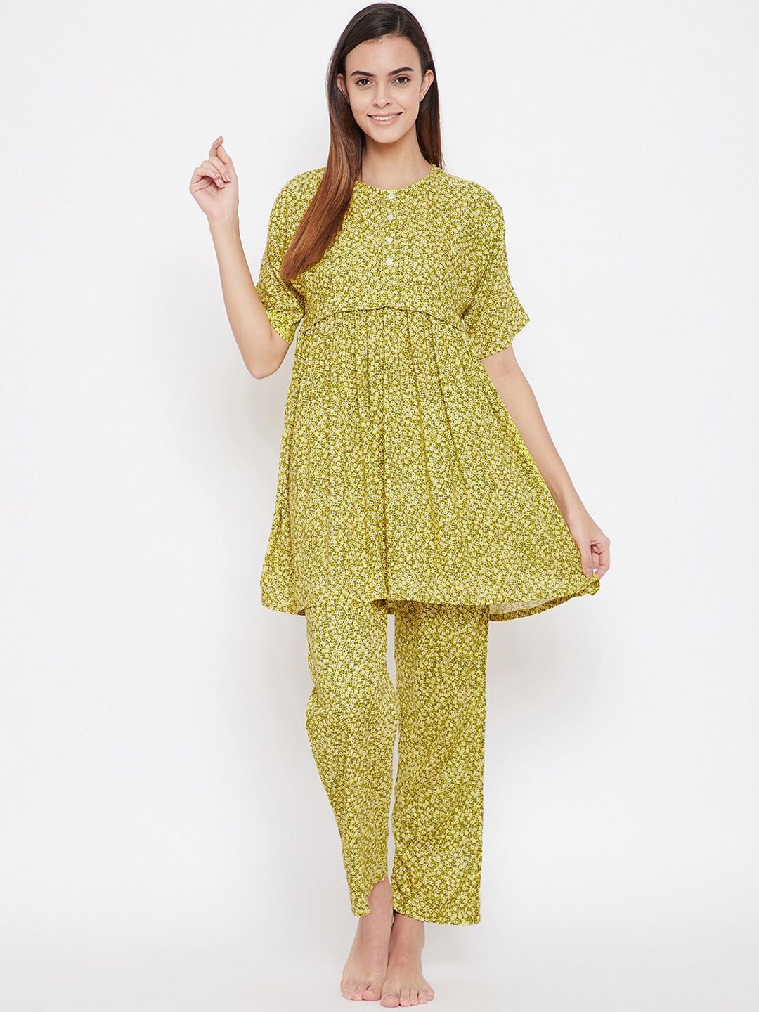 The Kaftan Company Women Green & Beige Floral Ditsy Print Nightsuit Price in India