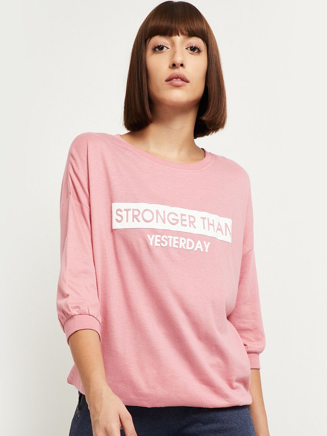 max Women Pink Typography Printed Drop-Shoulder Sleeves T-shirt