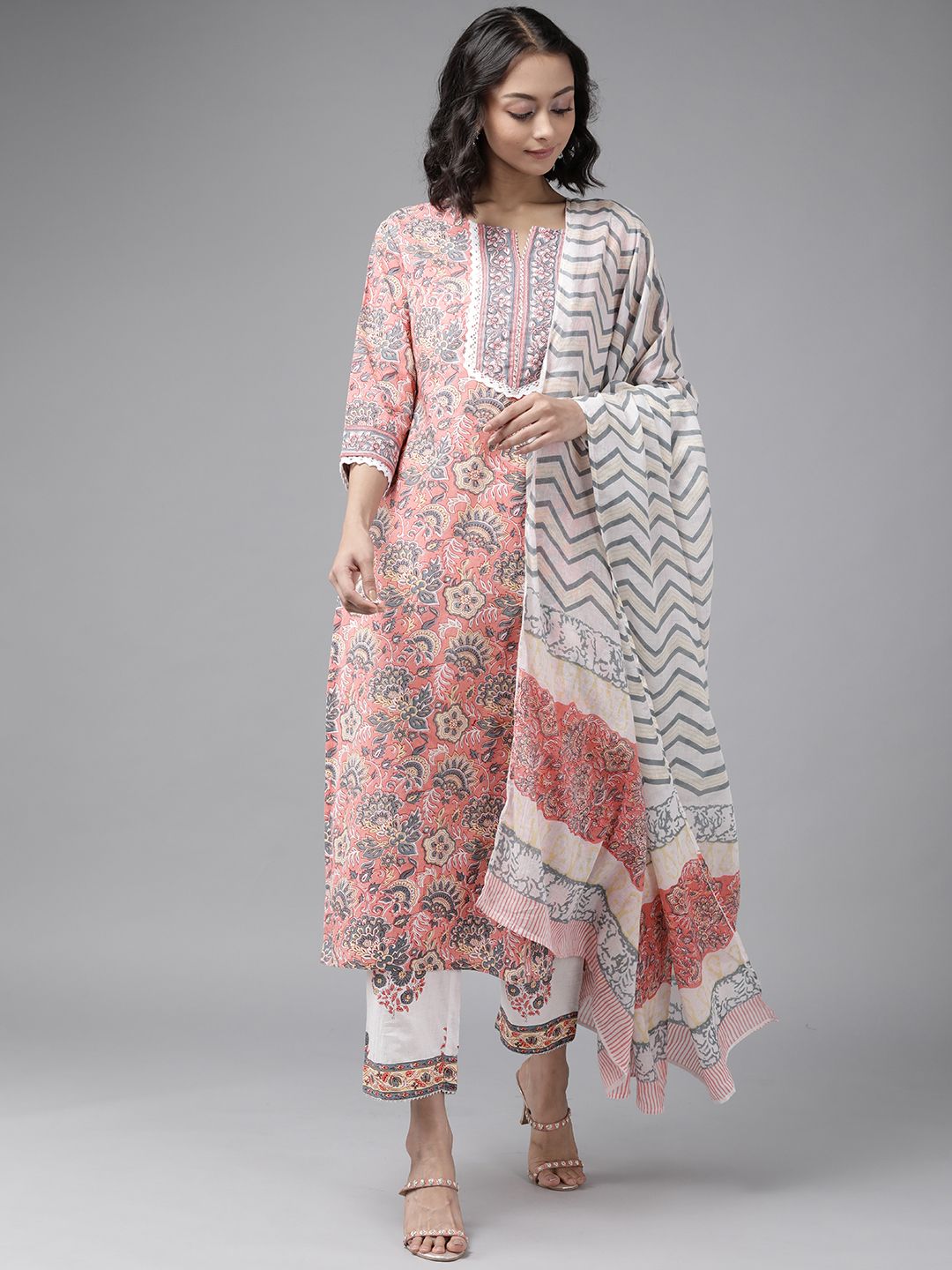 Yufta Women Peach-Colour Ethnic Motifs Block Print Cotton Kurta with Palazzos & Dupatta Price in India