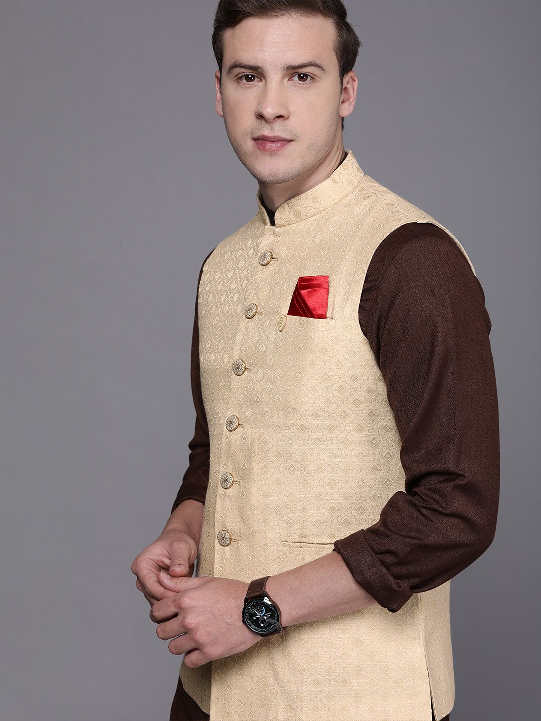 Manyavar Men Beige Woven Design Nehru Jacket with Pocket Square