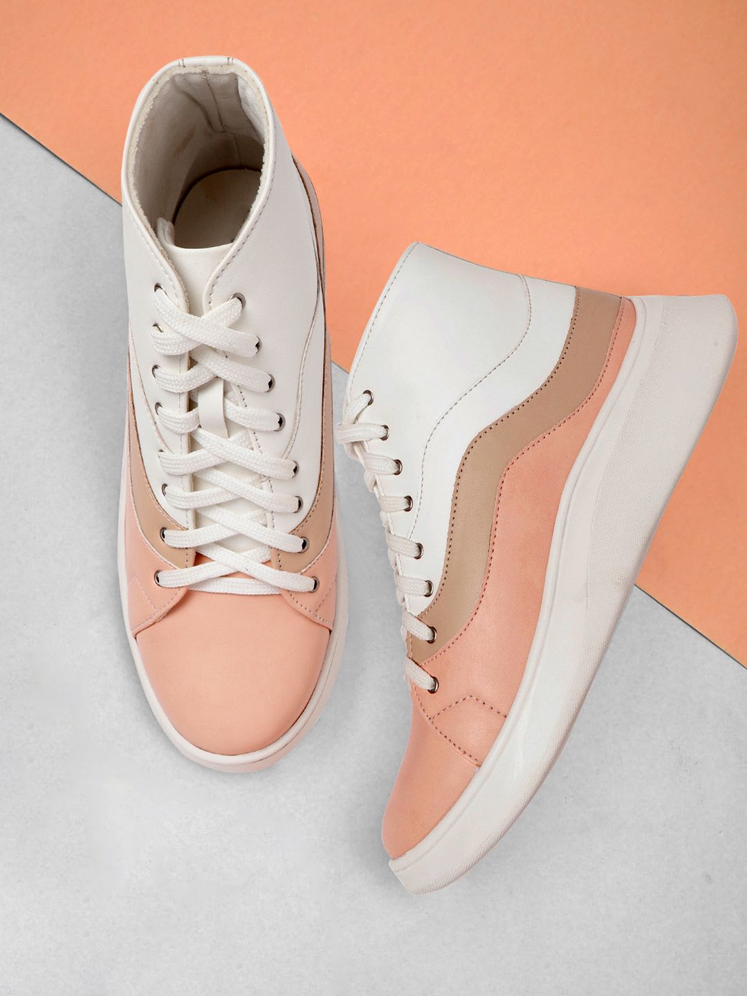 Roadster Women White & Peach-Coloured Colourblocked Mid-Top Sneakers Price in India