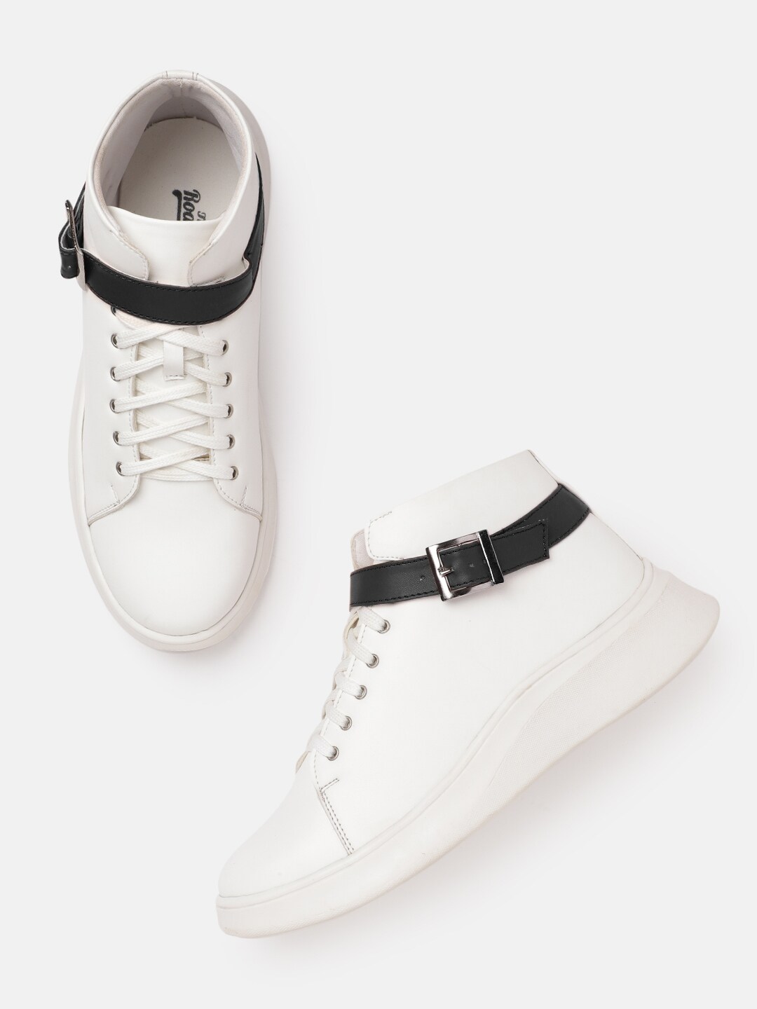 Roadster Women White & Black Solid Flatform Sneakers with Buckle Detail Price in India