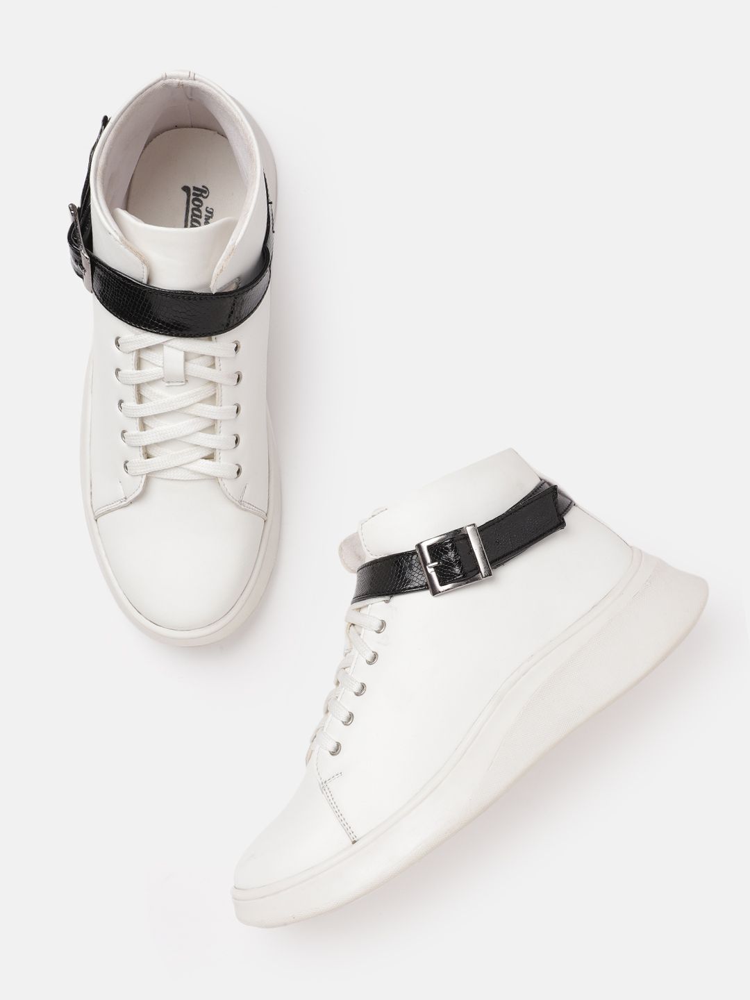 Roadster Women White & Black Solid Flatform Sneakers with Snakeskin Textured Strap Detail Price in India